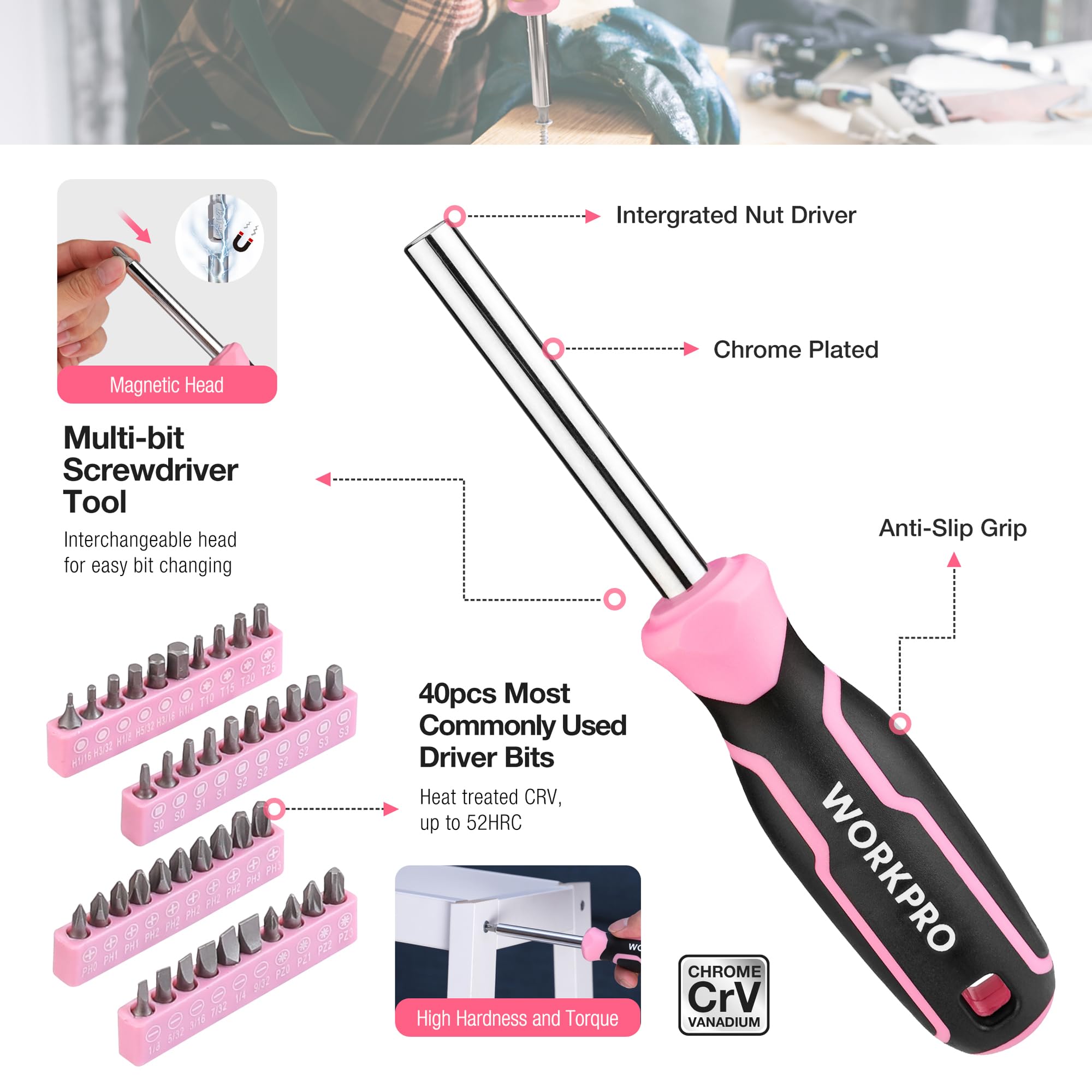 Foto 6 | Kit De Herramientas Workpro Pink 258 Piezas Con Martillo Rosa Y Destornillador - Venta Internacional.