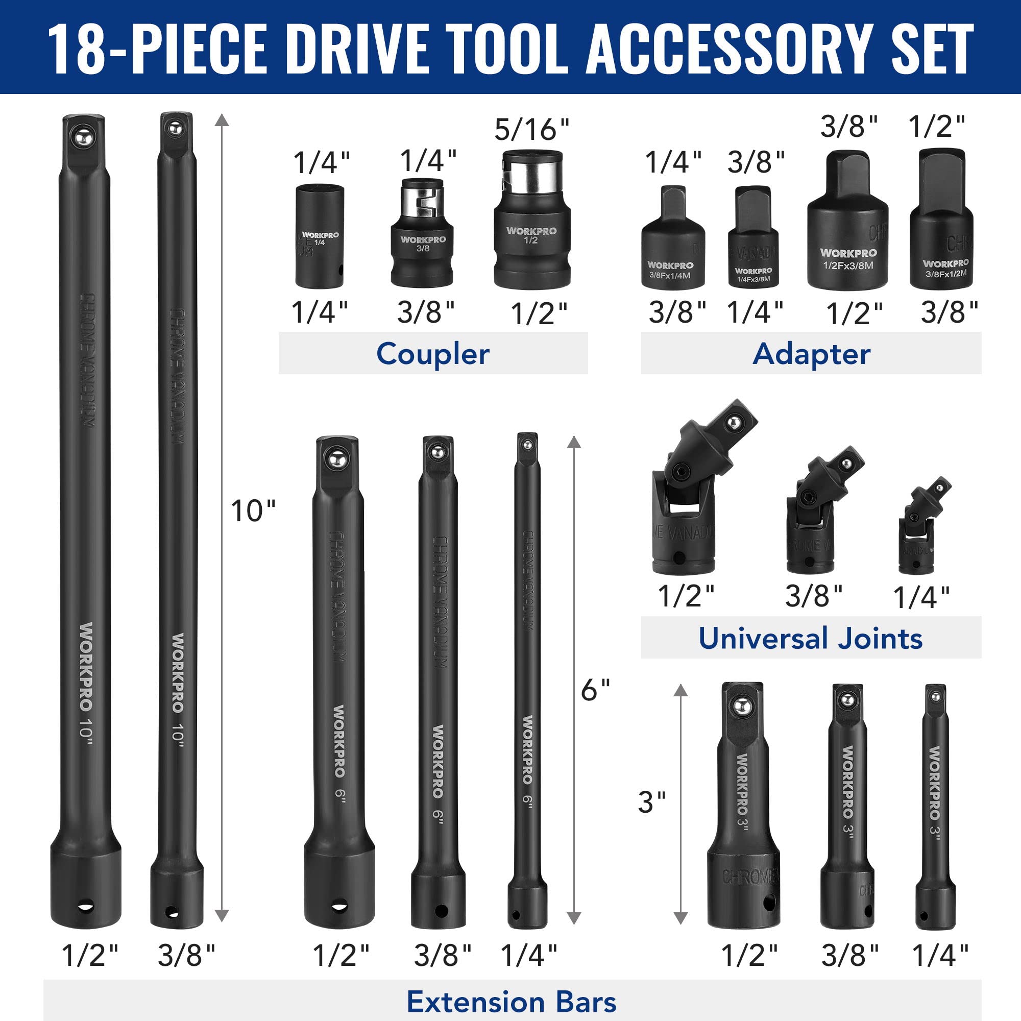 Foto 3 pulgar | Juego de Accesorios para Herramientas de Accionamiento Workpro 18 Piezas con Estuche - Venta Internacional