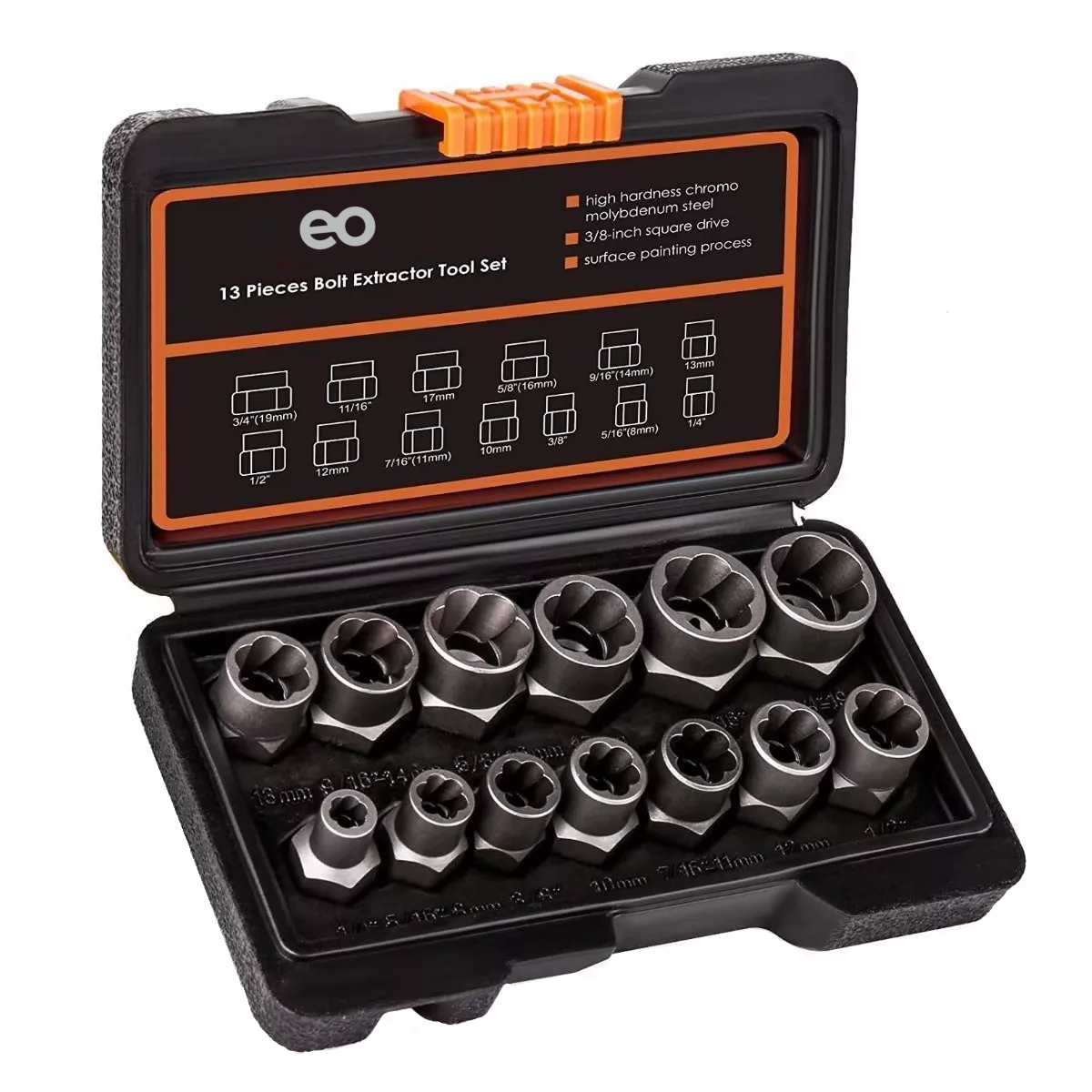 Juego Extractor de Tornillos y Tuercas  Eo Safe Imports ESI-7254-1 Negro 14 Piezas