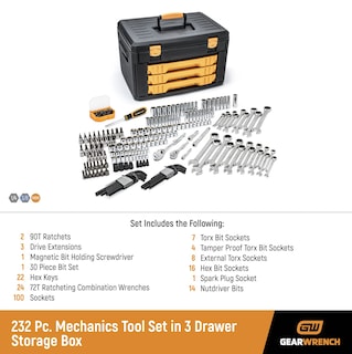 Foto 3 | Juego De Herramientas Mecánicas Gearwrench 232 Piezas Con 3 Cajones De Almacenamiento - Venta Internacional.