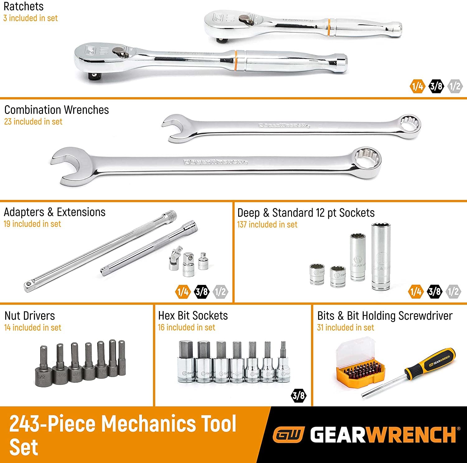 Foto 3 pulgar | Juego de Herramientas Mecánicas Gearwrench 243 Piezas con Caja de Almacenamiento - Venta Internacional
