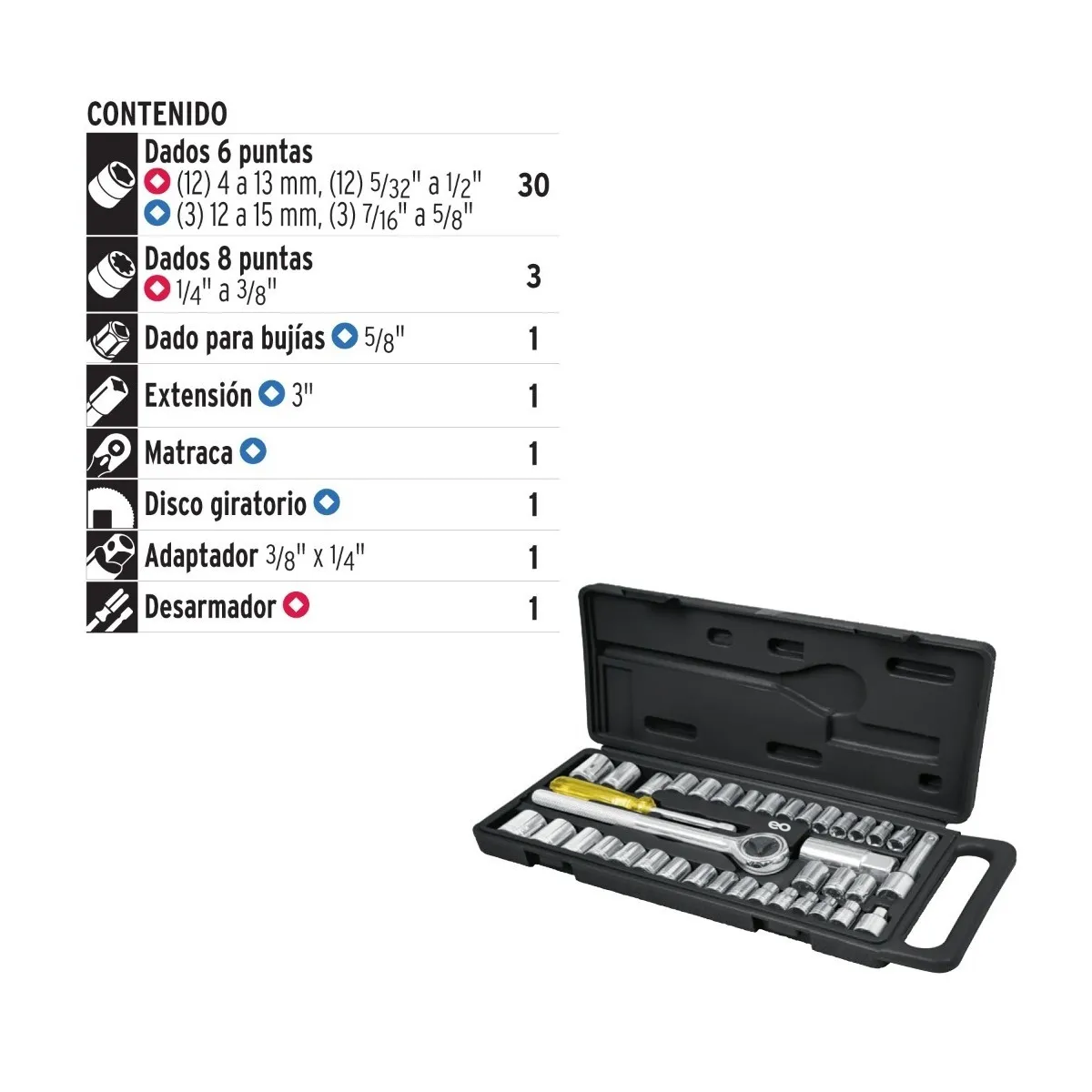 Foto 4 pulgar | Uego De Dados Con Matraca 40 Piezas Tpss40c Eo Safe Imports Esi-3805-1 Negro