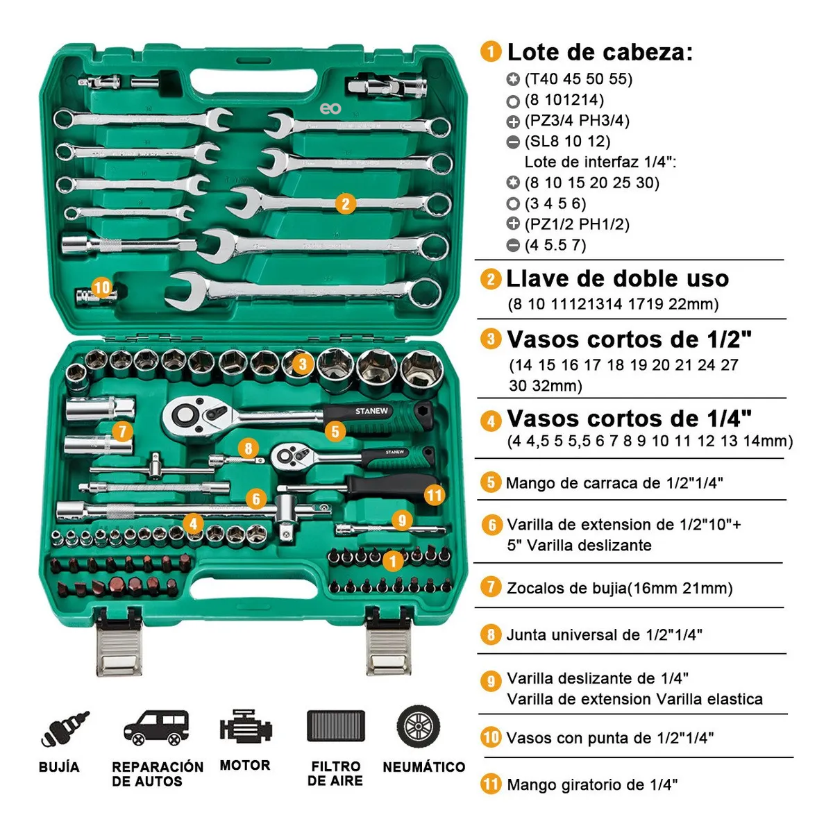 Foto 3 pulgar | Juego De Herramientas Y Dados De Impacto 82 Piezas Eo Safe Imports Esi-3578-1 Verde