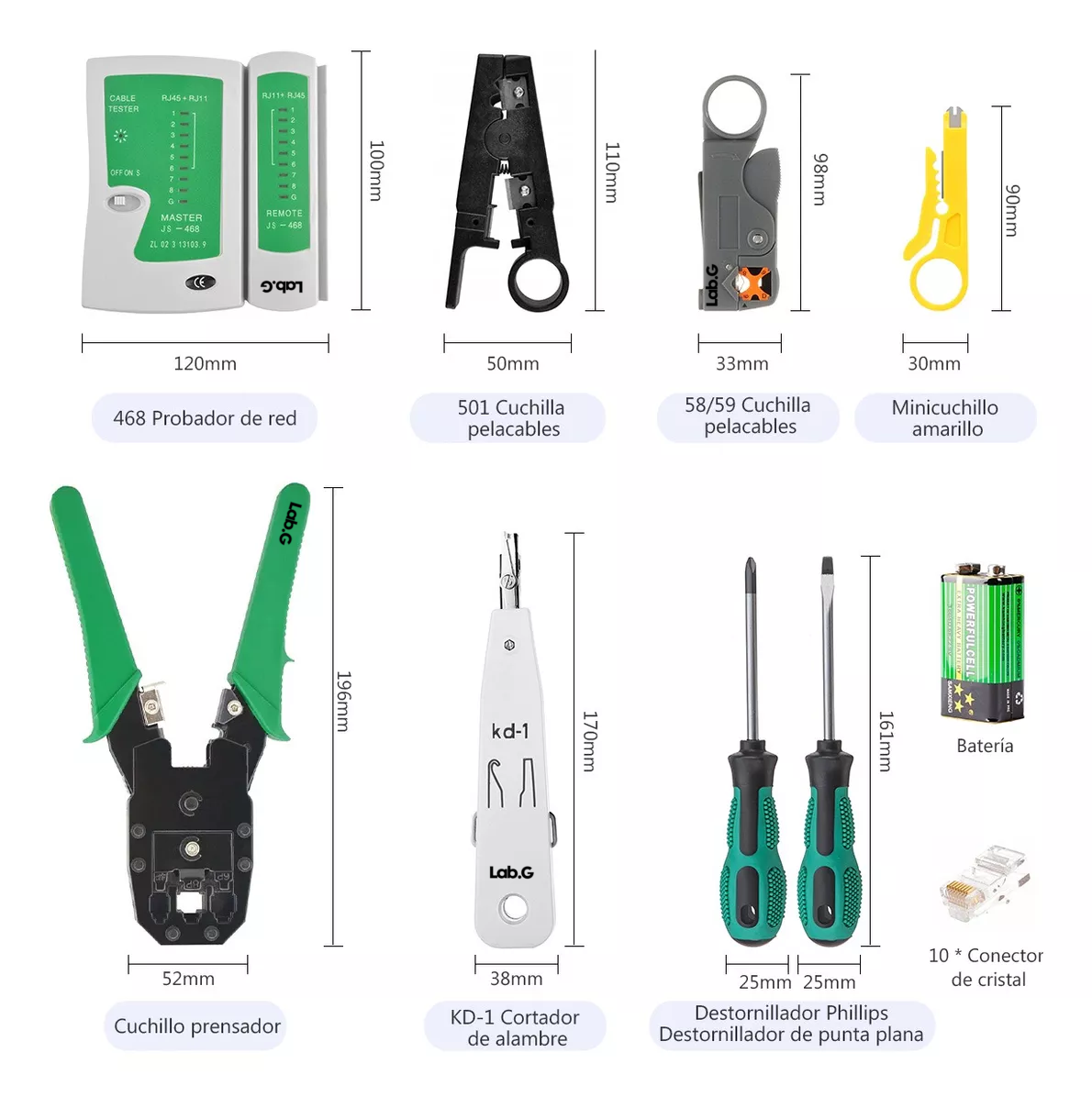 Foto 5 | Kit De Herramientas Cableado Redes Basico Rj11 Rj45 12 Pz Verde