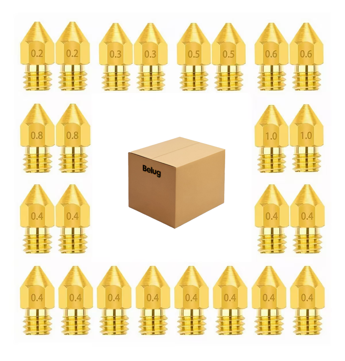 Kit De 24 Boquillas Belug Impresora 3d Mk8 0,2-1 Etc. (24 U Dorado