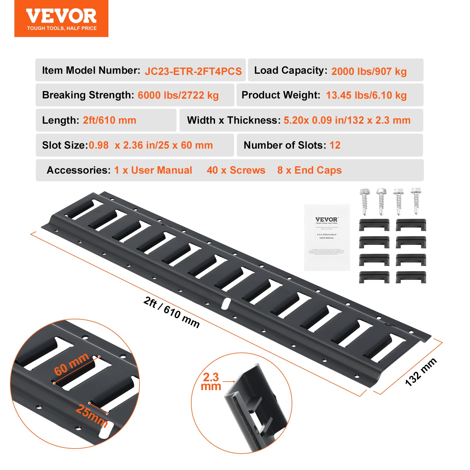 Foto 8 pulgar | Kit De Rieles De Amarre E Track Vevor, 60 Cm, Acero, Paquete De 4 Unidades, 900 Kg - Venta Internacional.