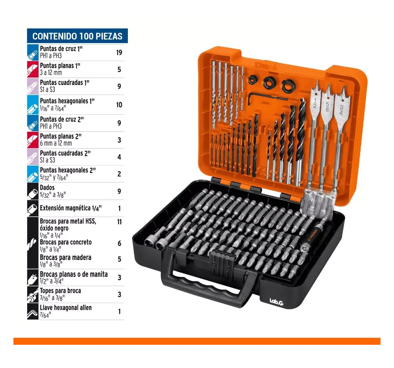 Foto 3 pulgar | Juego De Brocas Y Puntas Lab.g, 100 Piezas Estuche Naranja Negro