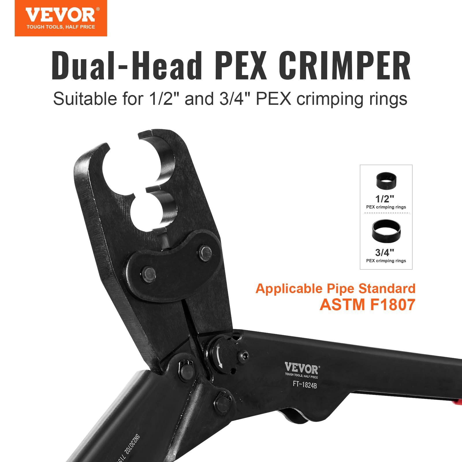 Foto 3 pulgar | Herramienta De Prensado Pex Vevor Combinada De Doble Cabezal Para 1/2 Y 3/4 Pex - Venta Internacional.