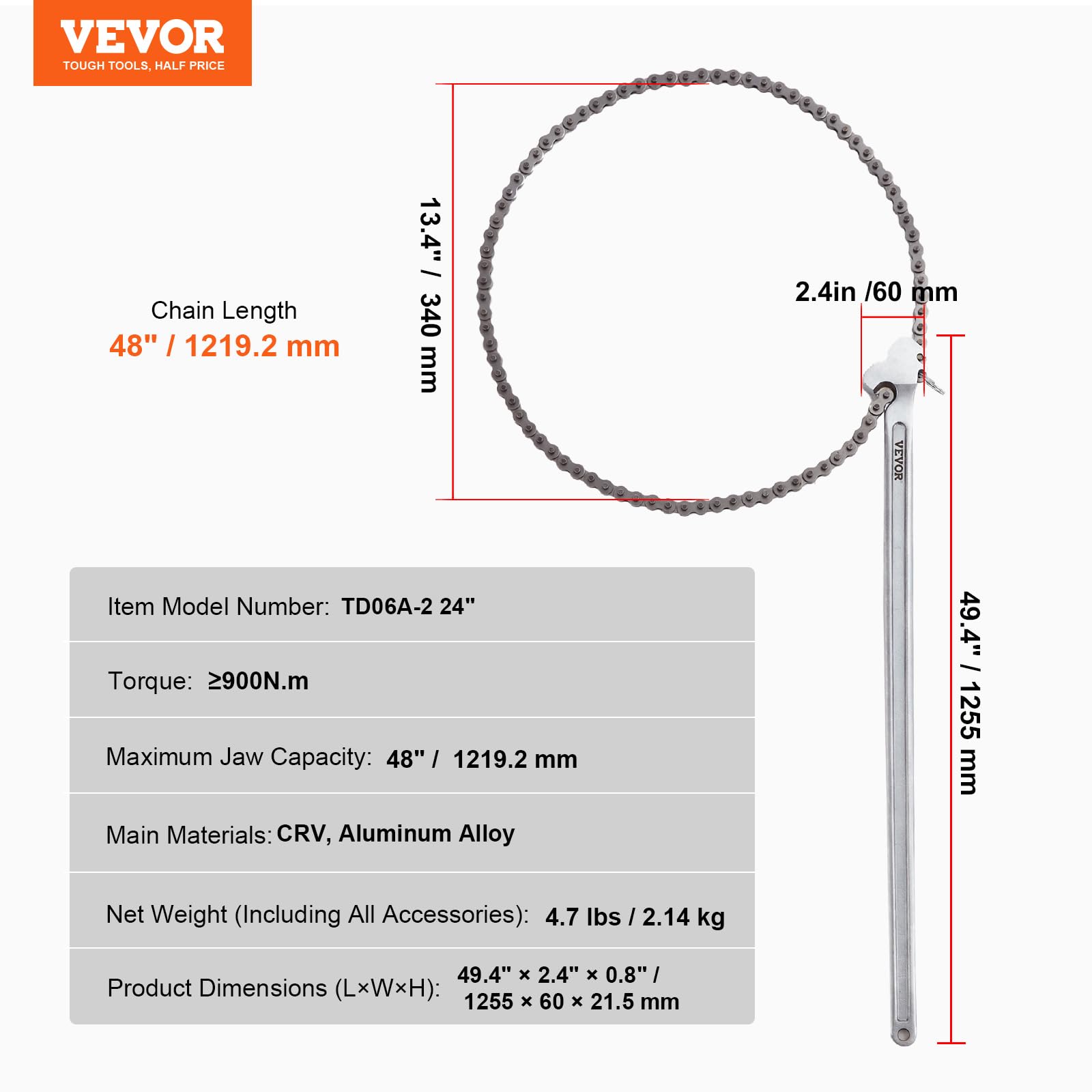 Foto 8 pulgar | Llave De Cadena Vevor, Llave De Tubo De Cadena De 48 Pulgadas, 13,4 Cm De Diámetro - Venta Internacional.