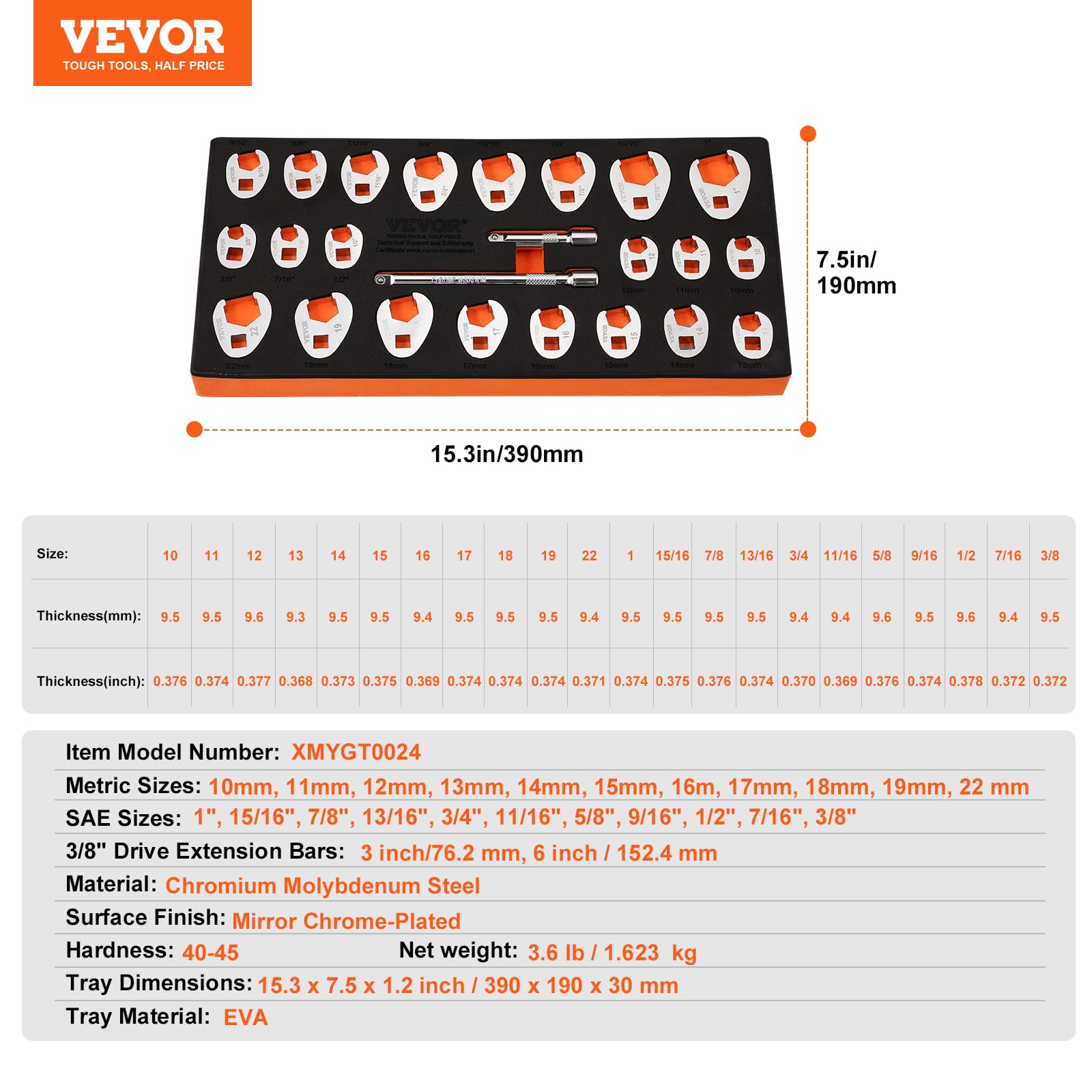 Foto 7 | Juego De Llaves Crowfoot Vevor, 24 Piezas, 3/8 Drive, Con 2 Extensiones - Venta Internacional.
