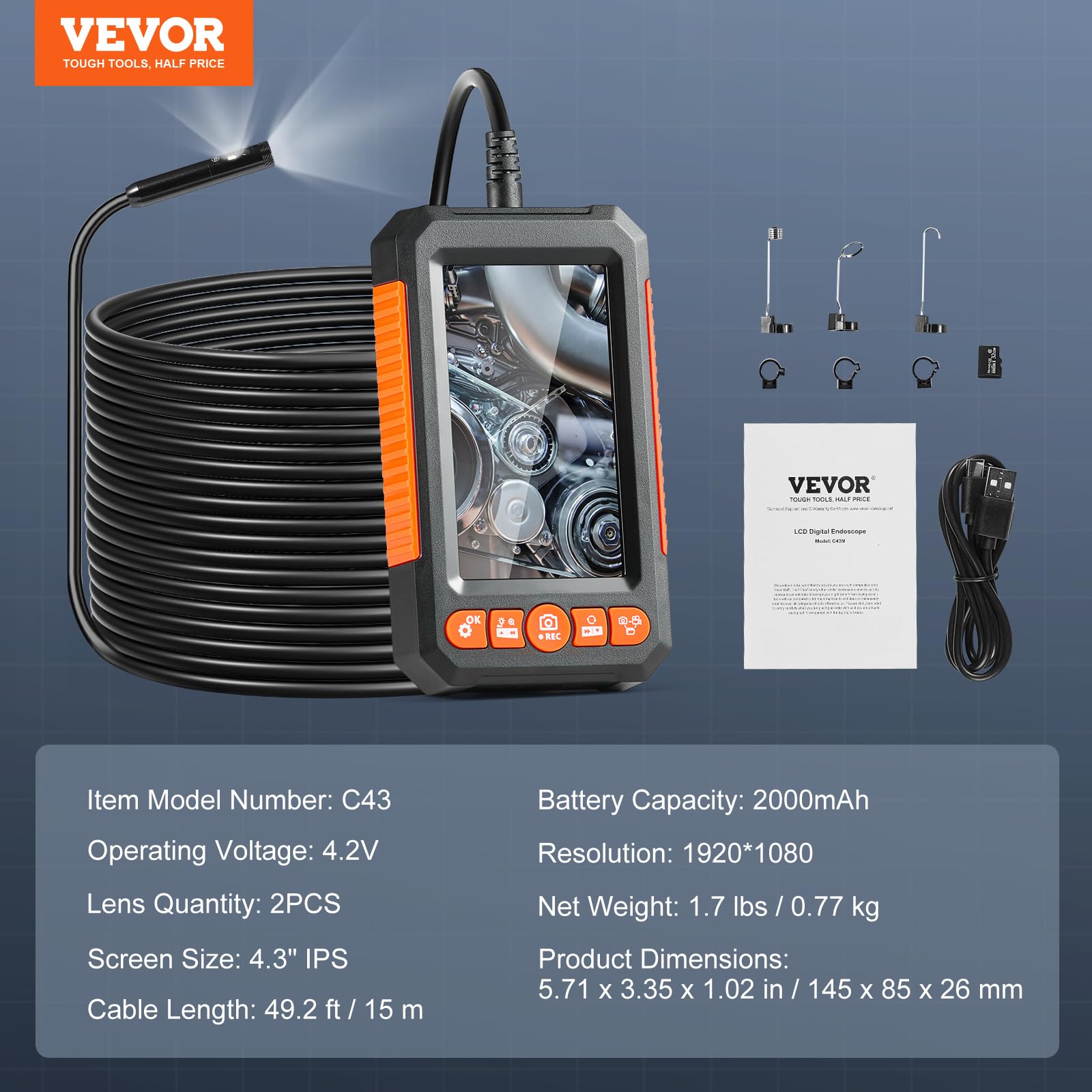 Foto 7 | Cámara De Inspección Vevor Industrial Boroscope 1080p Hd 49,2 Pies - Venta Internacional.