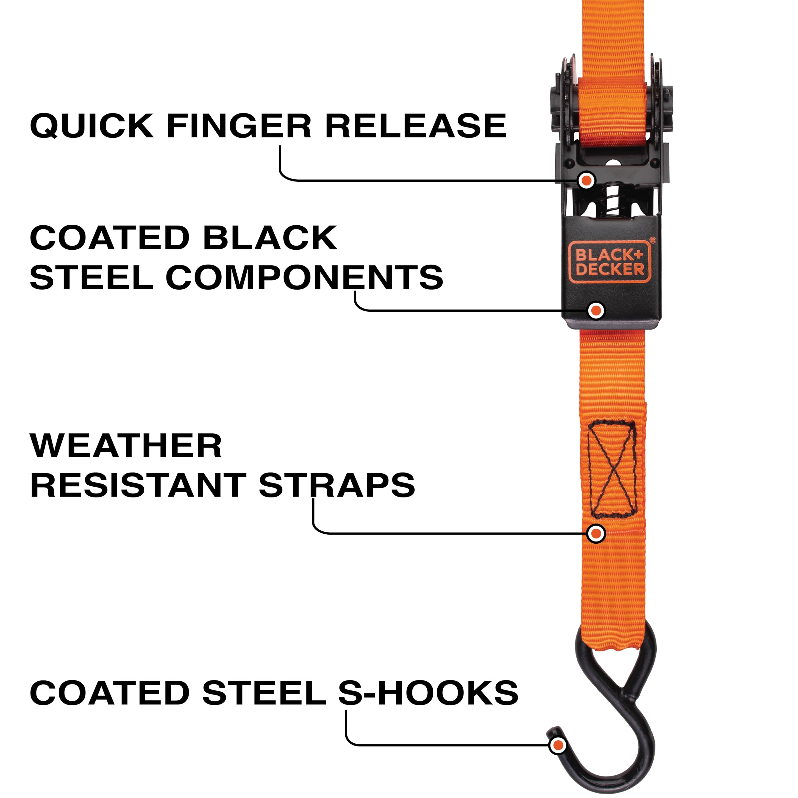 Foto 2 | Correas De Amarre Con Trinquete Black+decker Bd1005 De 1 M X 3 M, Paquete De 4 - Venta Internacional.