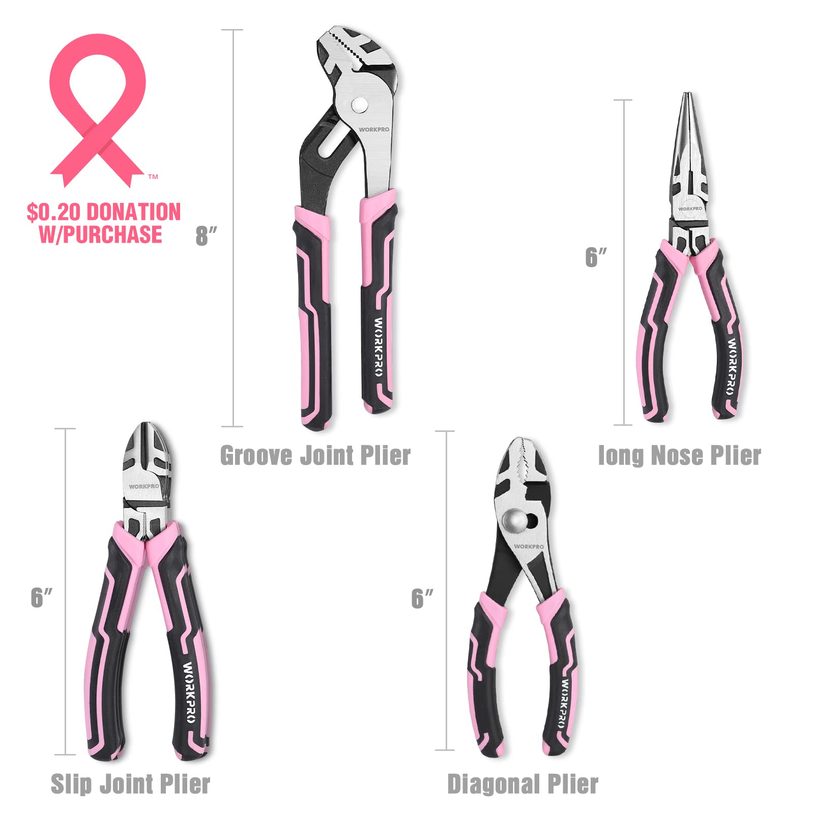 Foto 3 pulgar | Juego De Alicates Workpro, 4 Piezas, Cinta Rosa De Acero Cr-v - Venta Internacional.