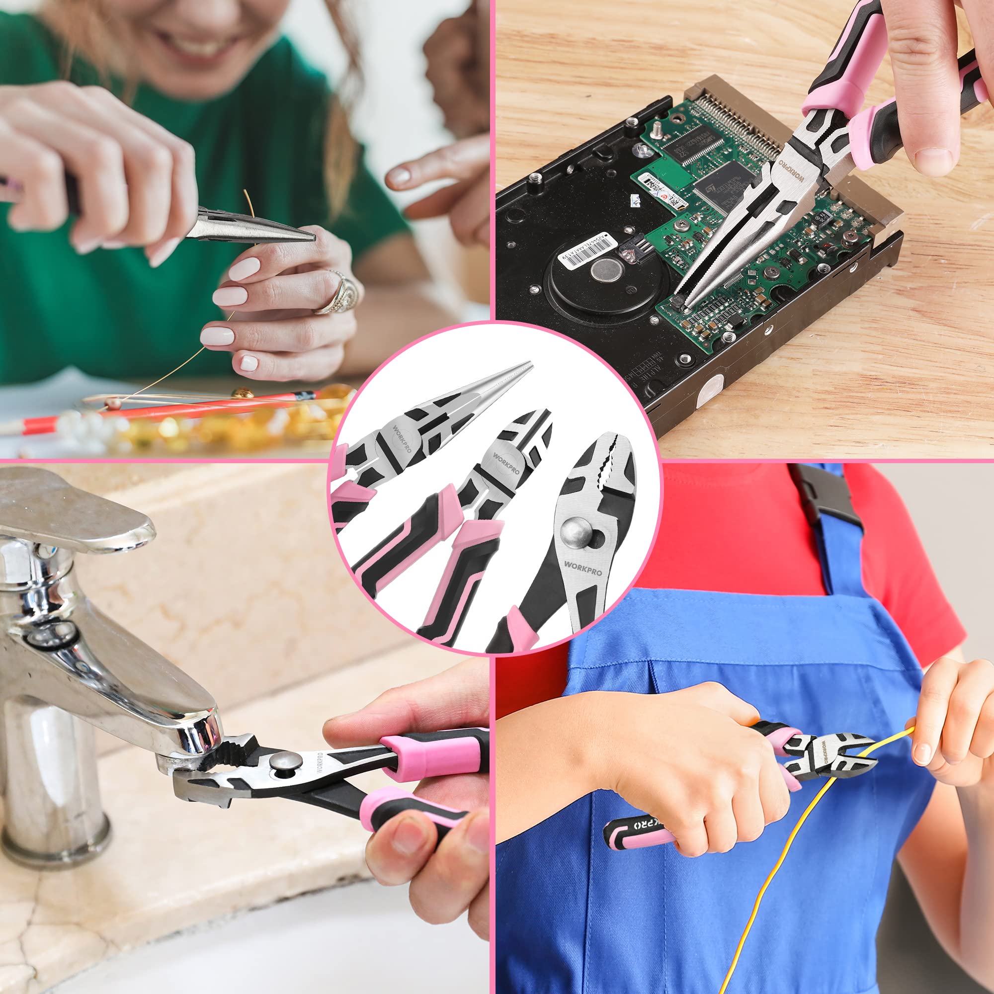 Foto 6 | Juego De Alicates Workpro Pink De 3 Piezas: Punta De Aguja, Corte, Deslizantes - Venta Internacional.