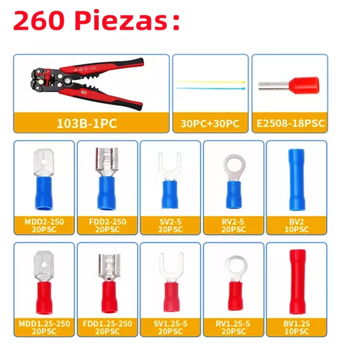 Foto 3 pulgar | Kit 260pcs Juego De Terminales De Cable De Crimpado Aislado Eo Safe Imports Esi-18723 Multicolor