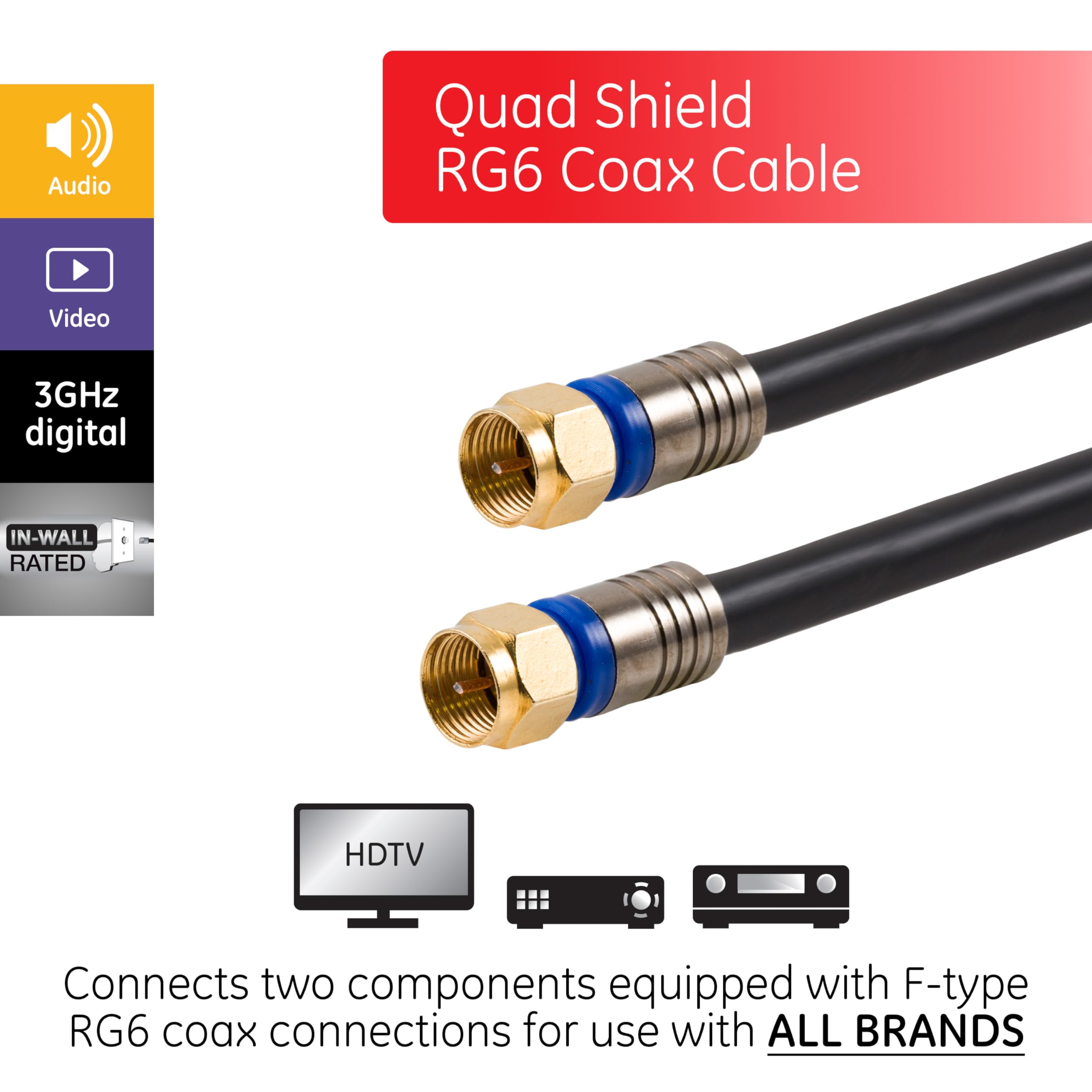 Foto 3 pulgar | Cable Coaxial Ge Rg6 De 15,2 M Con Conectores Tipo F Con Blindaje Cuádruple - Venta Internacional.