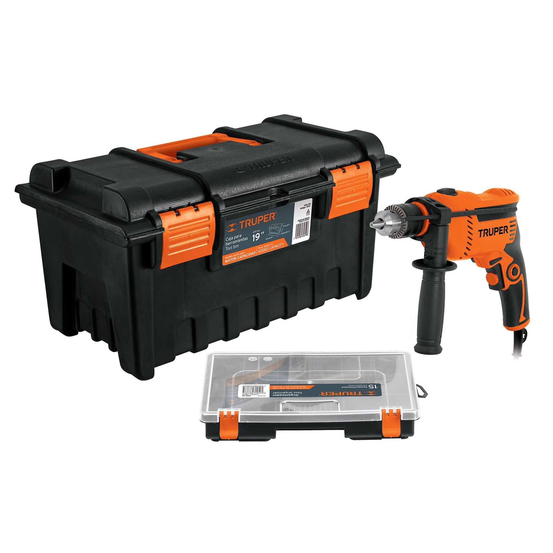 Combo de herramientas Truper COMBO/100 color naranja Rotomartillo 1/2' 650 W Caja Para Herramienta Y Organizador