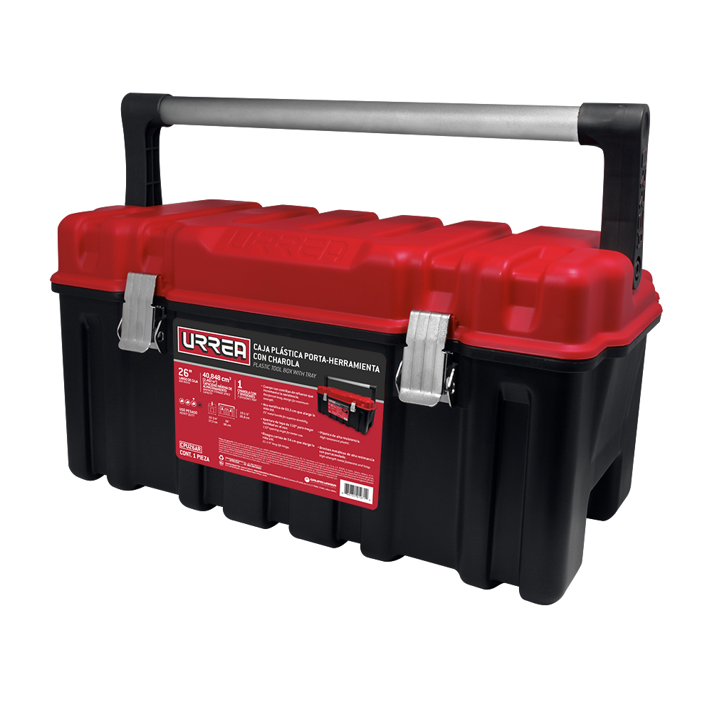 Caja Portaherramientas Plástica Con Broches Metálicos, Charola Y Tapa Roja 26'' X 10'' X 10'' Urrea