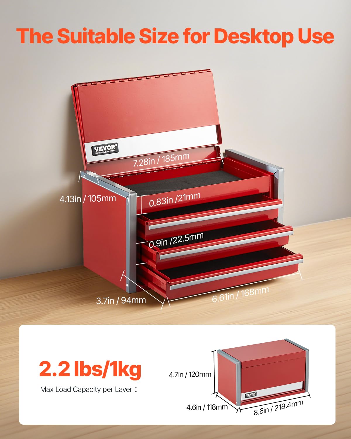 Foto 3 pulgar | Caja De Herramientas Vevor Metal De 22 Cm Con 3 Cajones Portátil Con Forros De Eva - Venta Internacional.