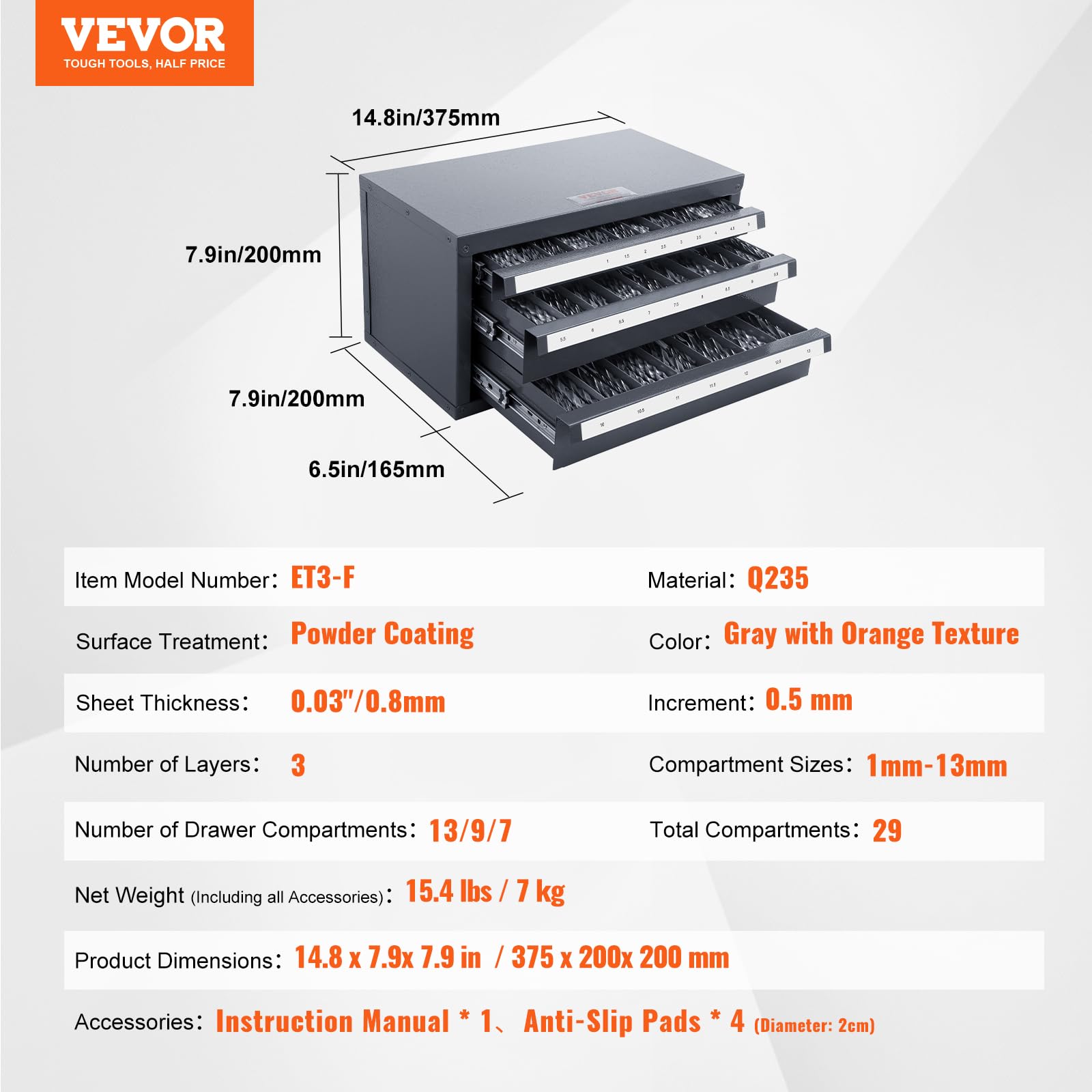 Foto 7 | Organizador De Brocas Vevor, Armario De Acero Con Tres Cajones, 1-13 Mm - Venta Internacional.