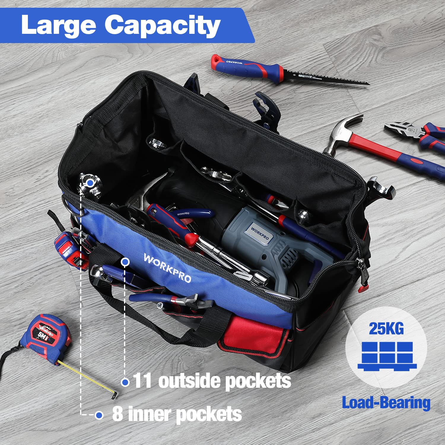 Foto 6 pulgar | Bolsa De Herramientas Workpro Impermeable De 18 Pulgadas Con 20 Bolsillos Y Correa - Venta Internacional.