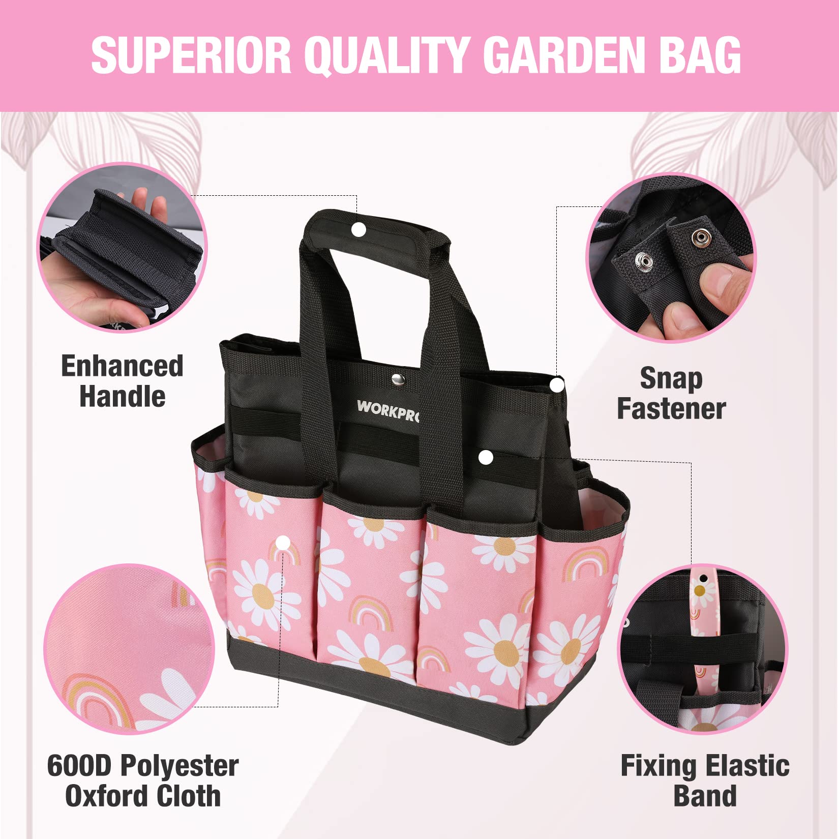 Foto 4 pulgar | Bolsa De Jardín Workpro Floral Oxford Rosa De 30 X 30 X 15 Cm - Venta Internacional.