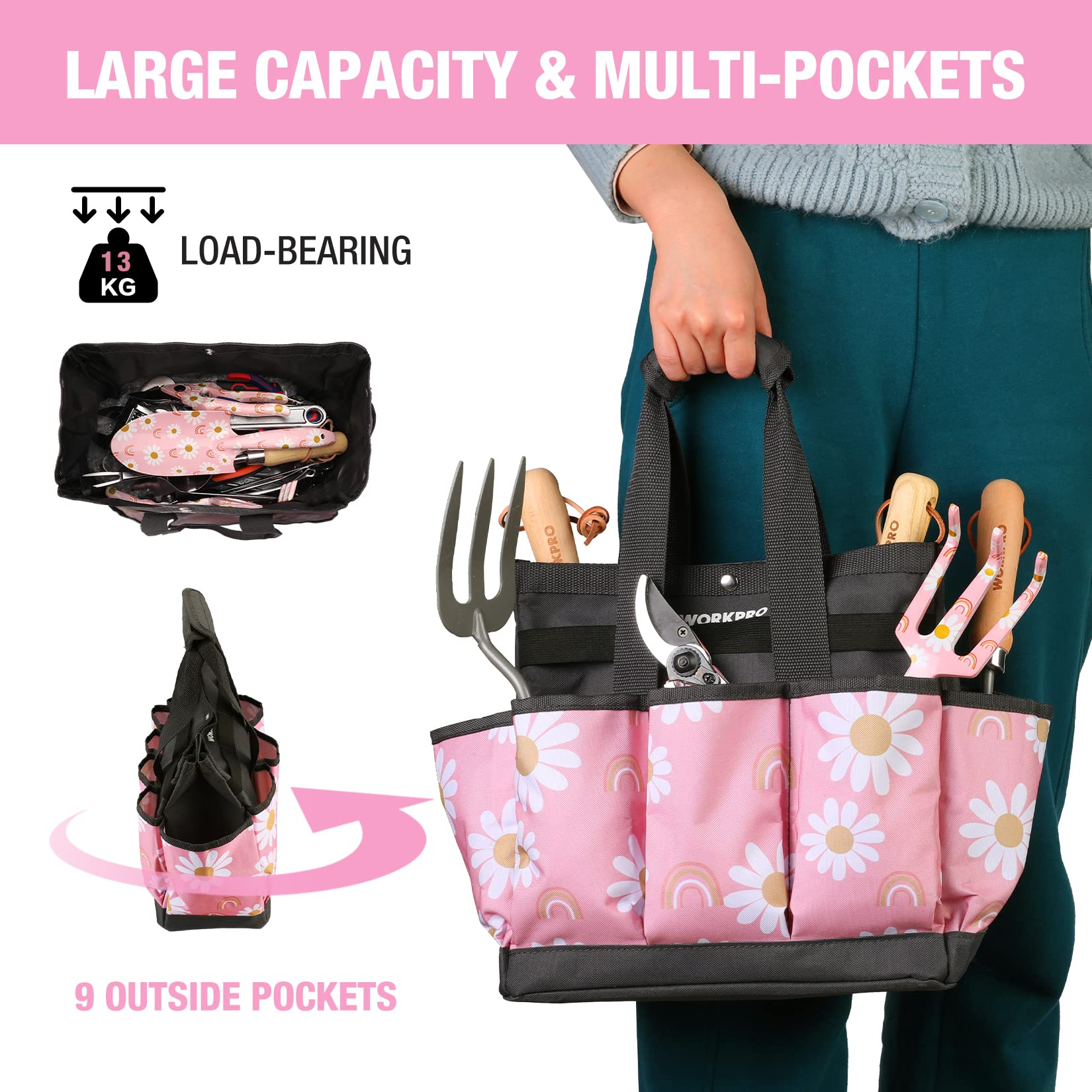 Foto 4 | Bolsa De Jardín Workpro Floral Oxford Rosa De 30 X 30 X 15 Cm - Venta Internacional.