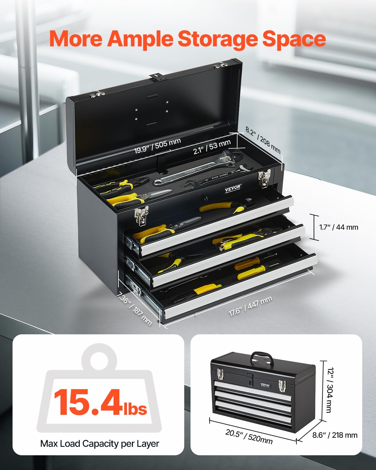 Foto 2 | Caja De Herramientas Vevor Metal 52,07 Cm Portátil Con 3 Cajones Y Cerradura - Venta Internacional.