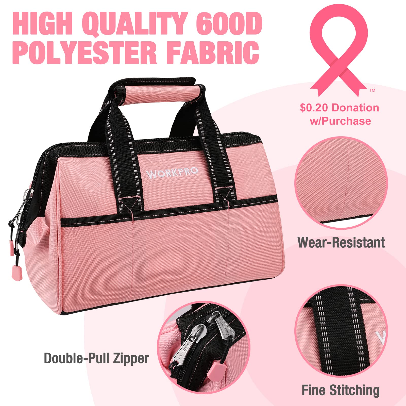 Foto 3 pulgar | Bolsa Para Herramientas Workpro De Tela Rosa De 13 Pulgadas Con Bolsillos - Venta Internacional.
