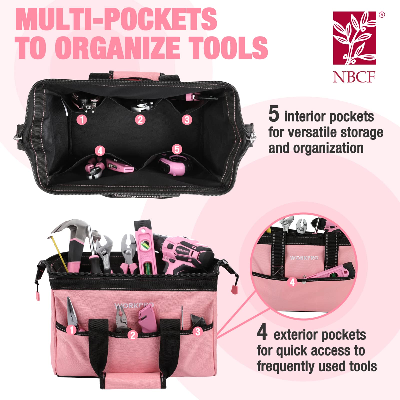 Foto 5 pulgar | Bolsa Para Herramientas Workpro De Tela Rosa De 13 Pulgadas Con Bolsillos - Venta Internacional.