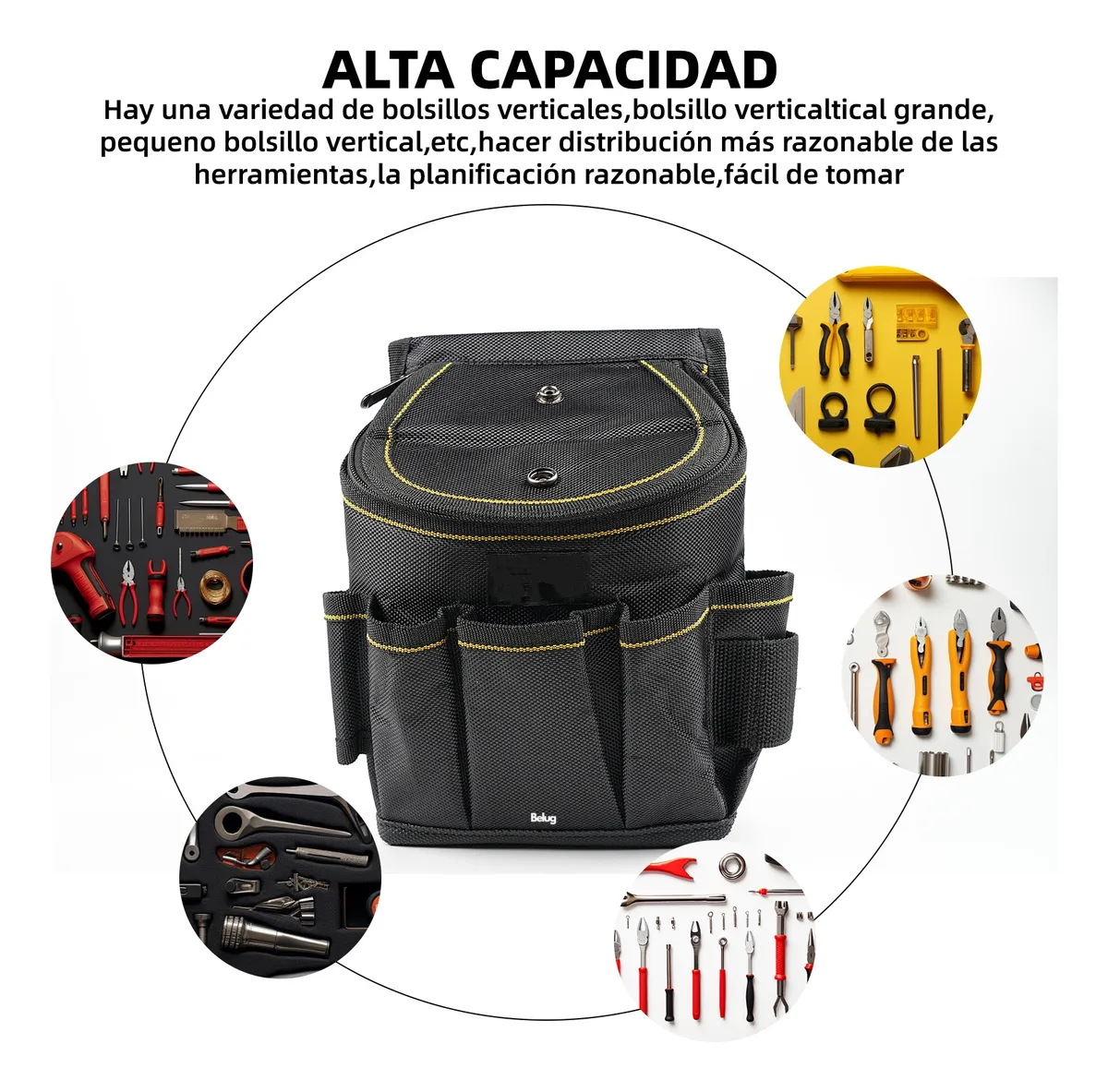 Foto 4 pulgar | Bolsa Porta Herramientas Belug  Cinturon Electricistas Con Tapa Negro Costuras Amarillas