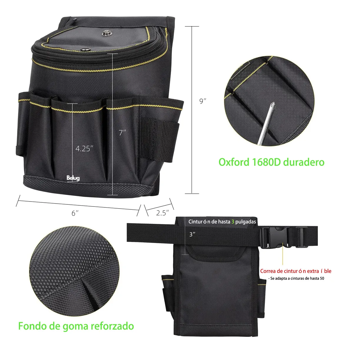 Foto 5 pulgar | Bolsa Porta Herramientas Belug  Cinturon Electricistas Con Tapa Negro Costuras Amarillas