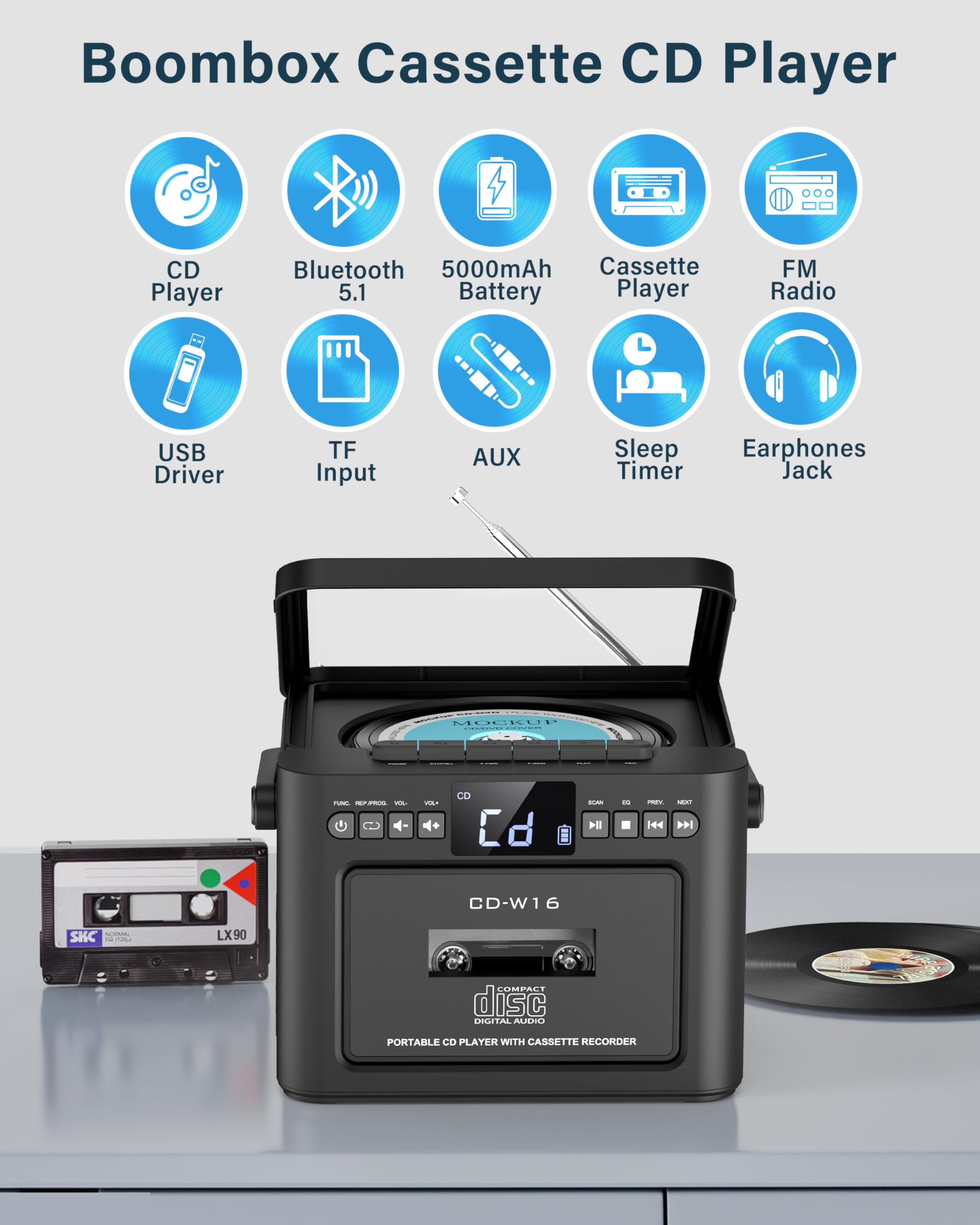 Foto 2 | Reproductor De Cd Boombox Greadio Recargable Con Cassette Bluetooth - Venta Internacional.