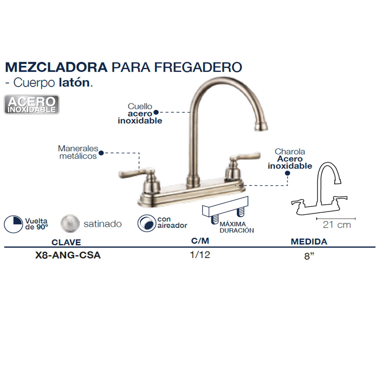 Foto 2 | Llave Mezcladora de Agua Fregadero o Tarja de Cocina Alfa X8-Ang-Csa color Plateado Satinado Manerales de Zinc