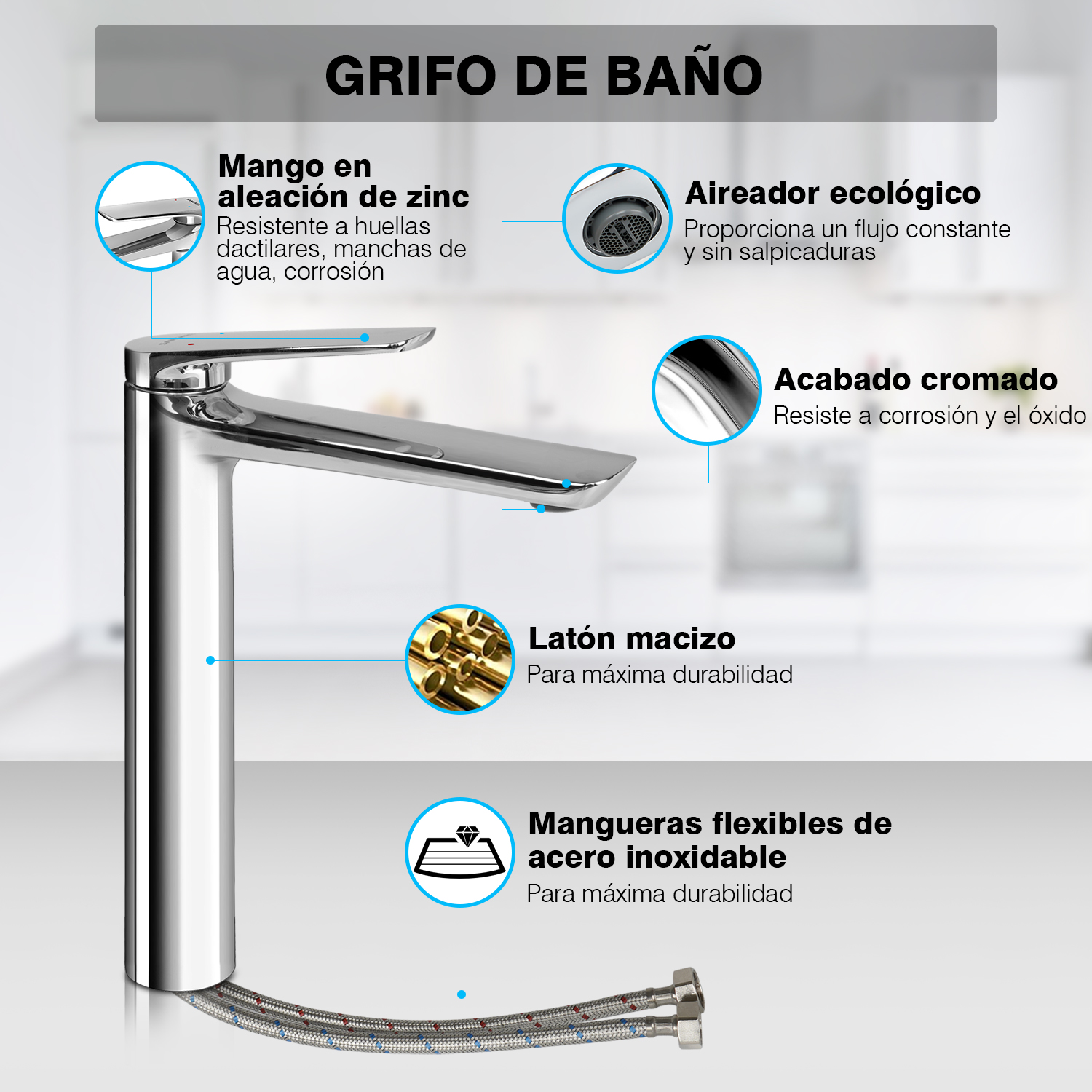 Foto 8 pulgar | Sangkee K10126 grifo Para Lavabo De Baño Frío Y Caliente Con Moderno Diseño Plata