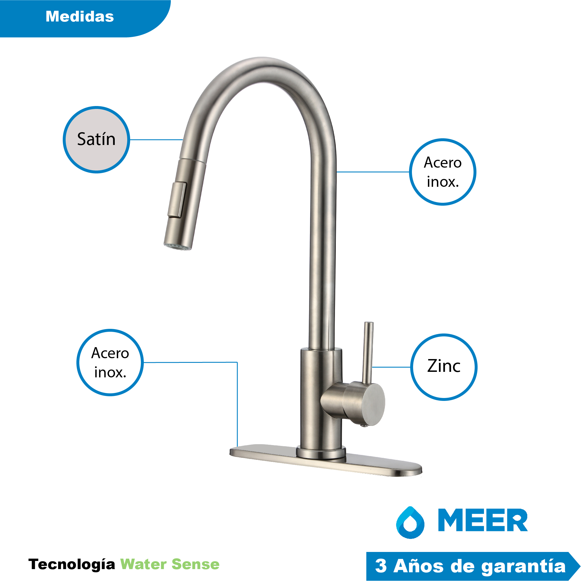 Foto 5 | Mezcladora Monomando para Fregadero Satín Acero Inoxidable Y Zinc