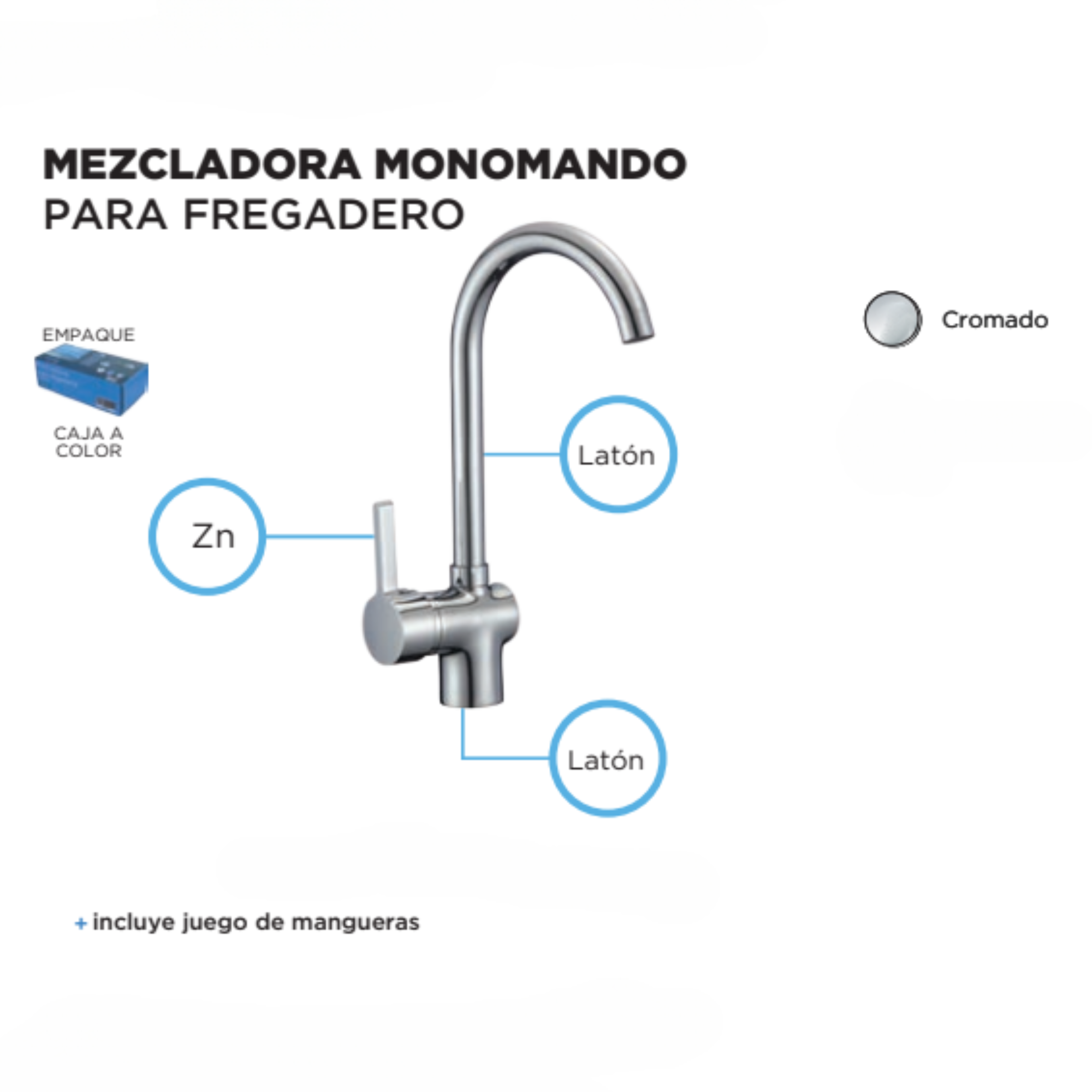 Foto 6 | Mezcladora Monomando Cromada Para Fregadero De Cocina, Fabricada En Zinc Y Latón