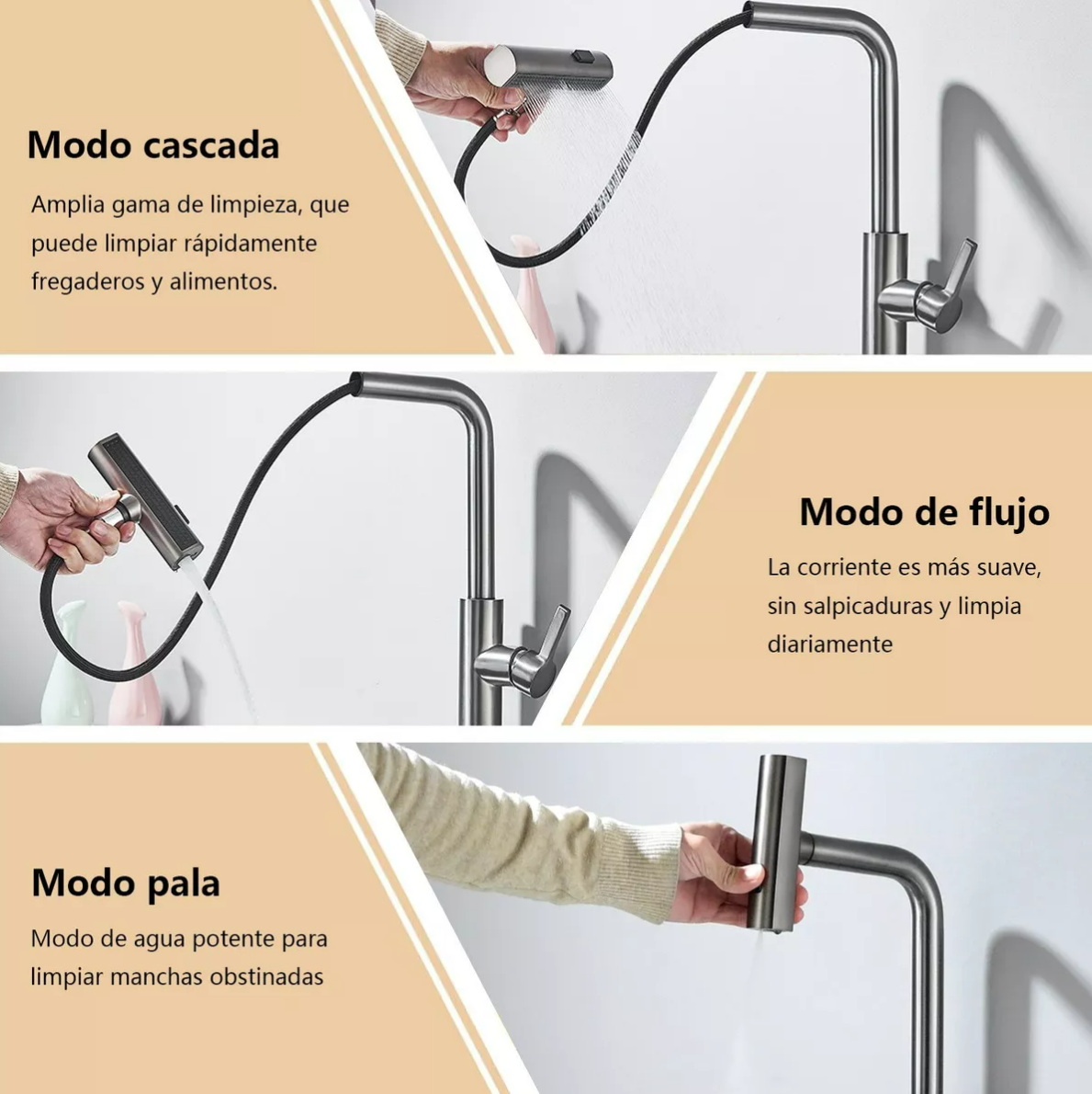 Foto 4 pulgar | 3 En 1 Grifo Mezclador De Cocina Llave Monomando Extraíble Acabado Mate Color Gris Xtellar