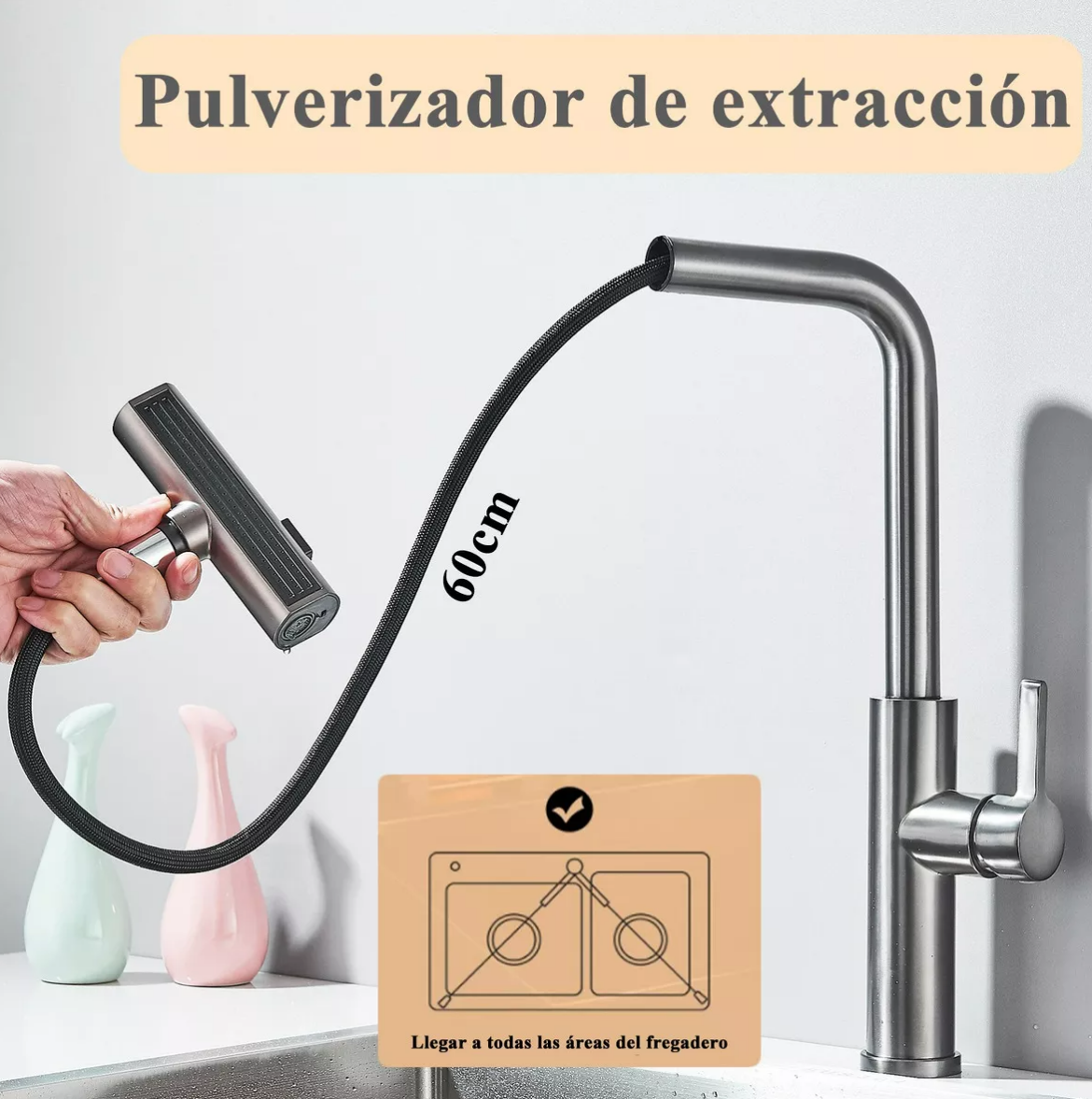 Foto 5 pulgar | 3 En 1 Grifo Mezclador De Cocina Llave Monomando Extraíble Acabado Mate Color Gris Xtellar