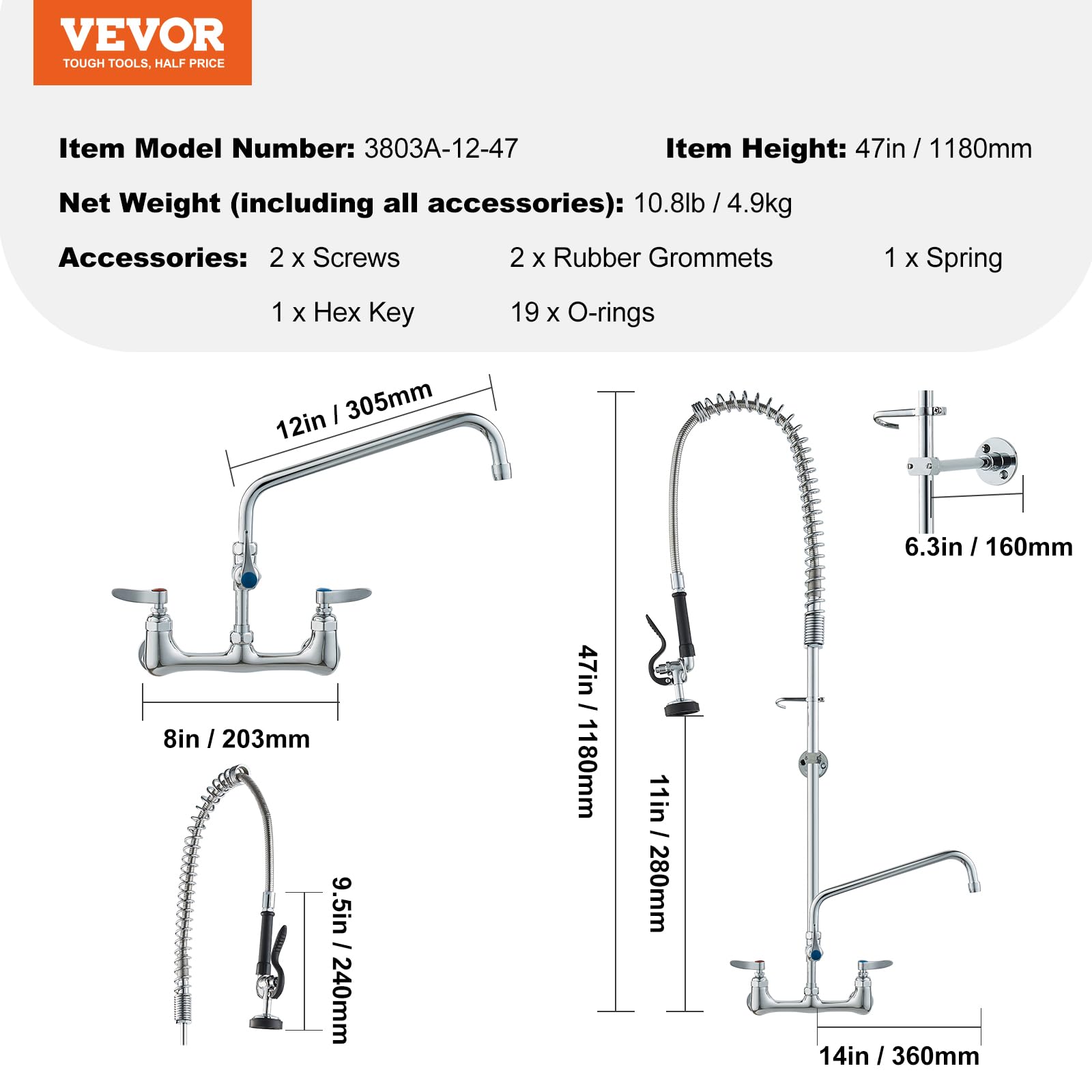 Foto 8 pulgar | Grifo Comercial Vevor Con Pulverizador De Preenjuague De 47 Cm De Altura - Venta Internacional.