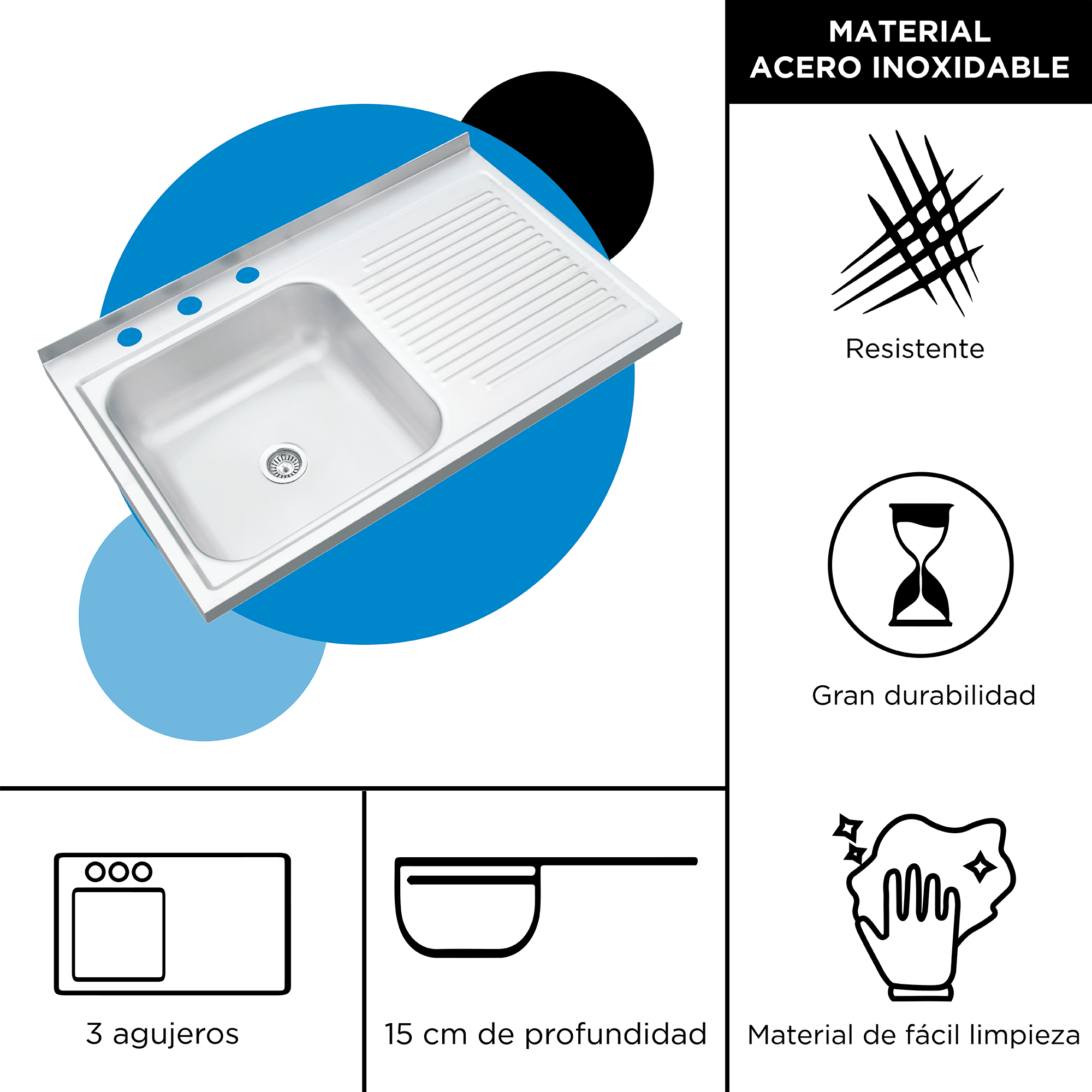 Foto 3 pulgar | MEER Faucets by CNX | Fregadero para Cocina con Escurridero de Acero Inoxidable Satinado. Tarja para Sobreponer,