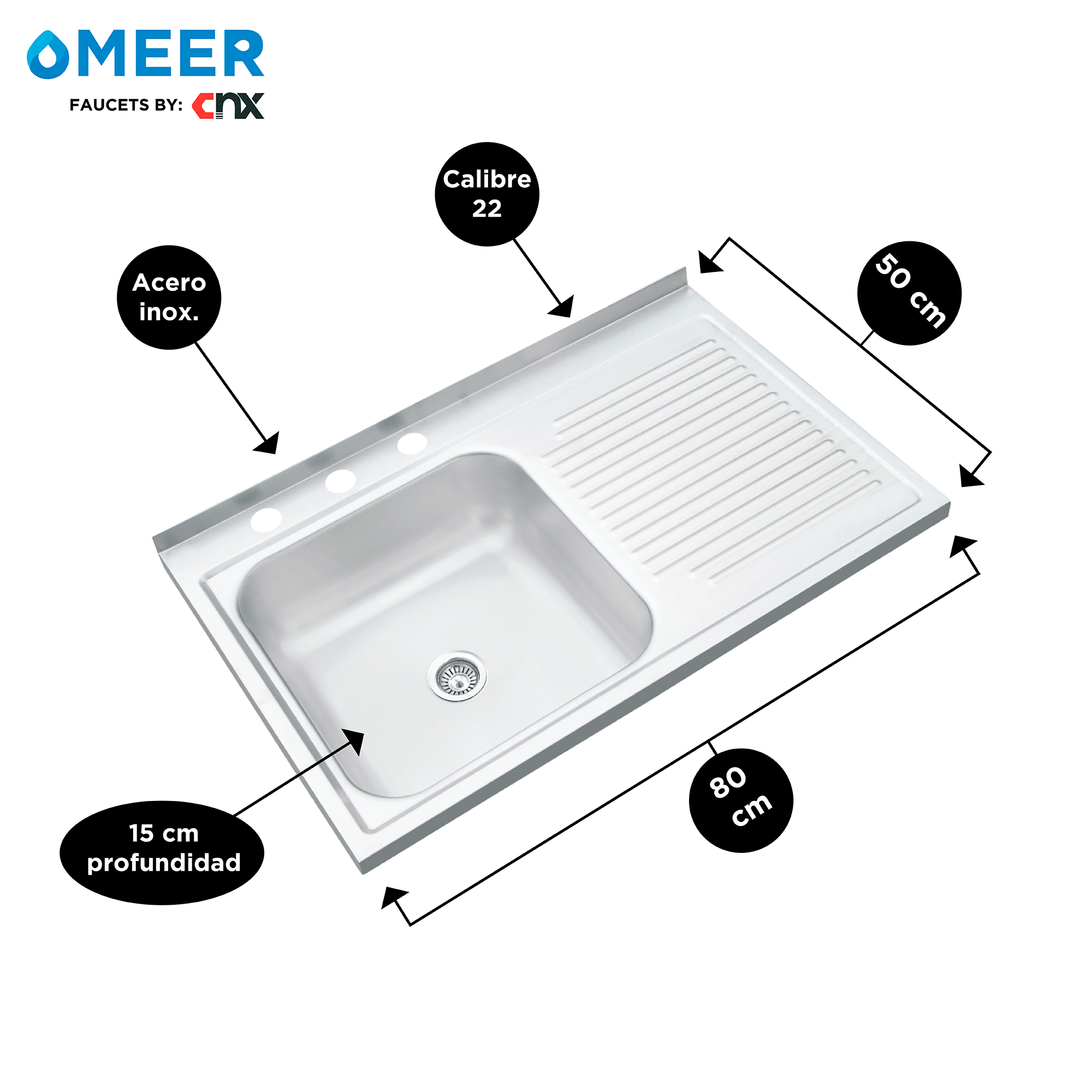 Foto 3 | MEER Faucets by CNX | Fregadero para Cocina con Escurridero de Acero Inoxidable Satinado. Tarja para Sobreponer,