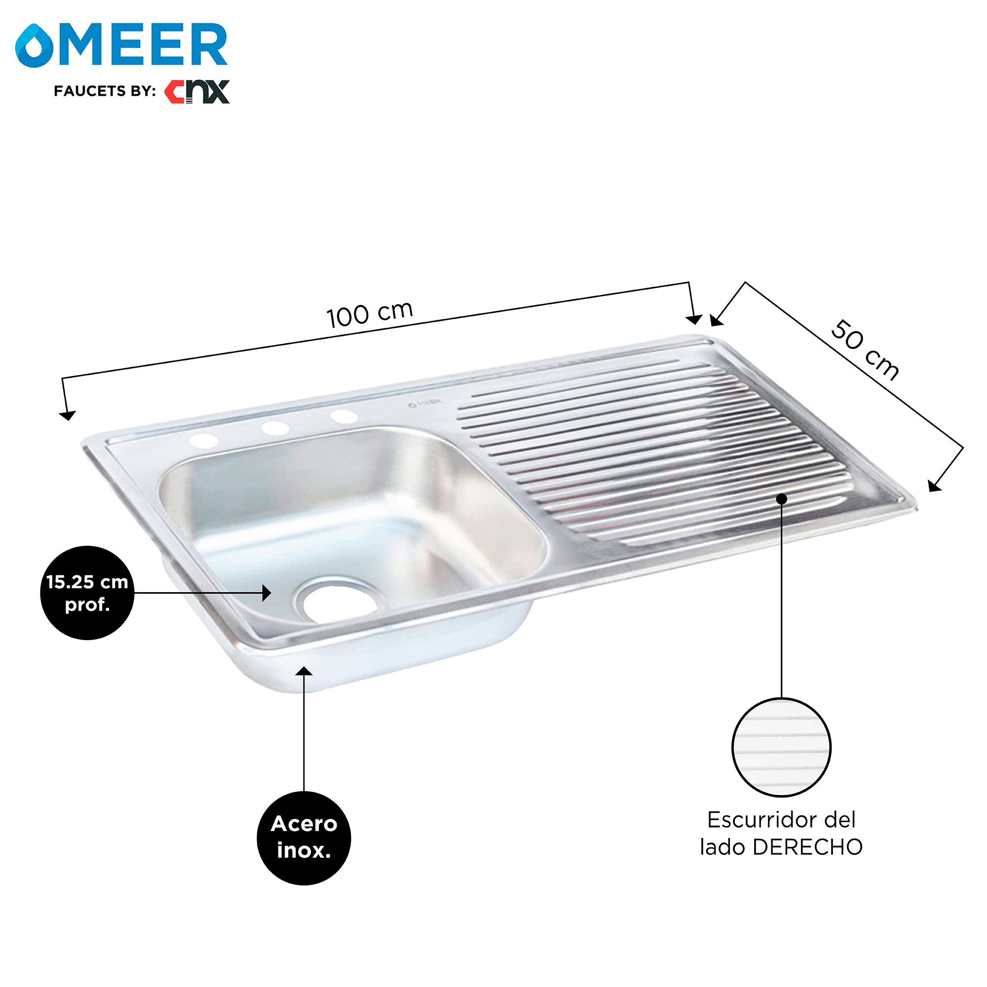 Foto 4 pulgar | Meer Faucets By Cnx - Fregadero De Cocina Sencillo Con Escurridero Derecho 100cm X 50cm X 15cm