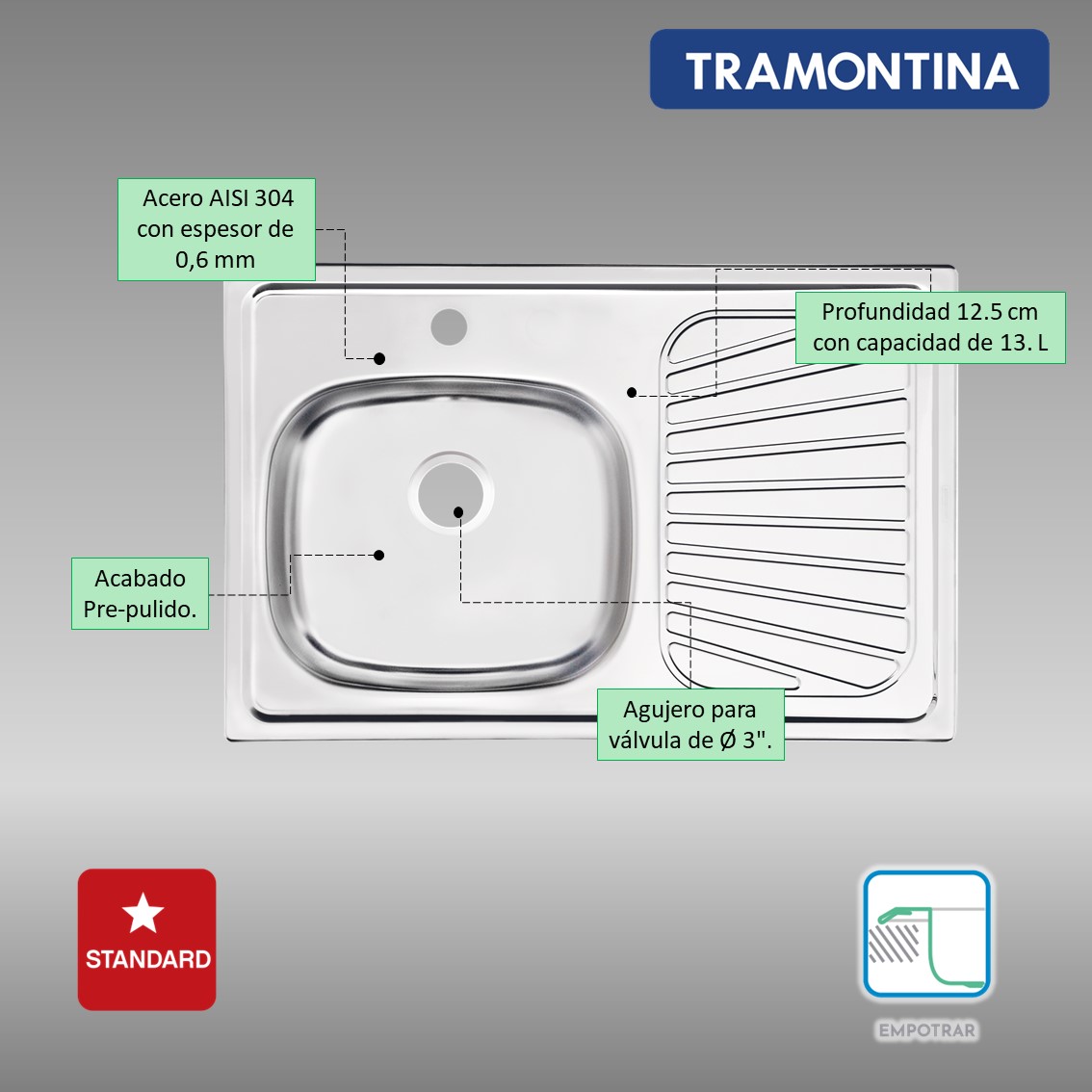 Foto 4 pulgar | Fregadero de Acero Inoxidable Tramontina Cubeta Izquierda