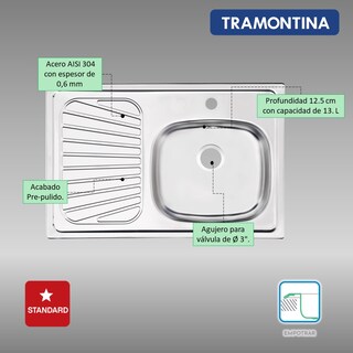 Foto 2 | Fregadero de Empotrar Tramontina 93849515 color Plata 80 X 52 CM
