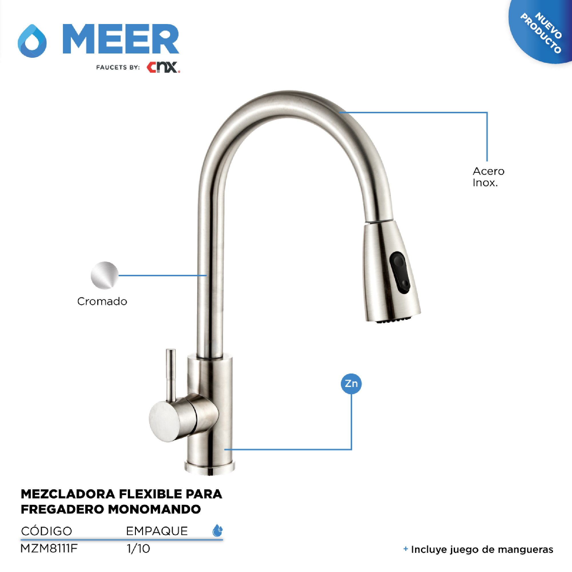 Foto 3 pulgar | Kit de Mezcladora y Fregadero para Cocina con Escurridero Tabla Meer Faucets By Cnx