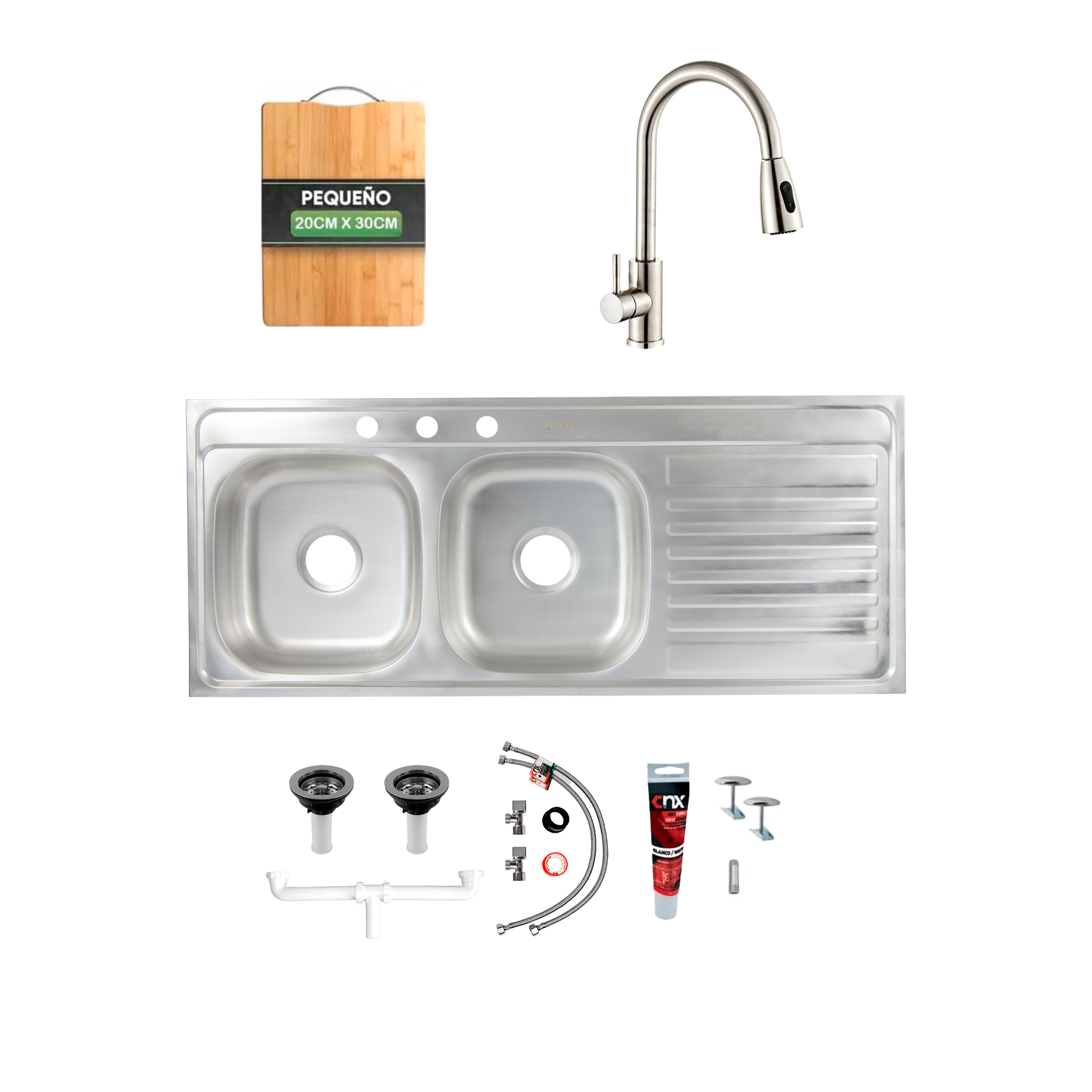 Mezcladora + Tarja de Cocina Doble Tina + Kit de Instalación + Tabla de Madera