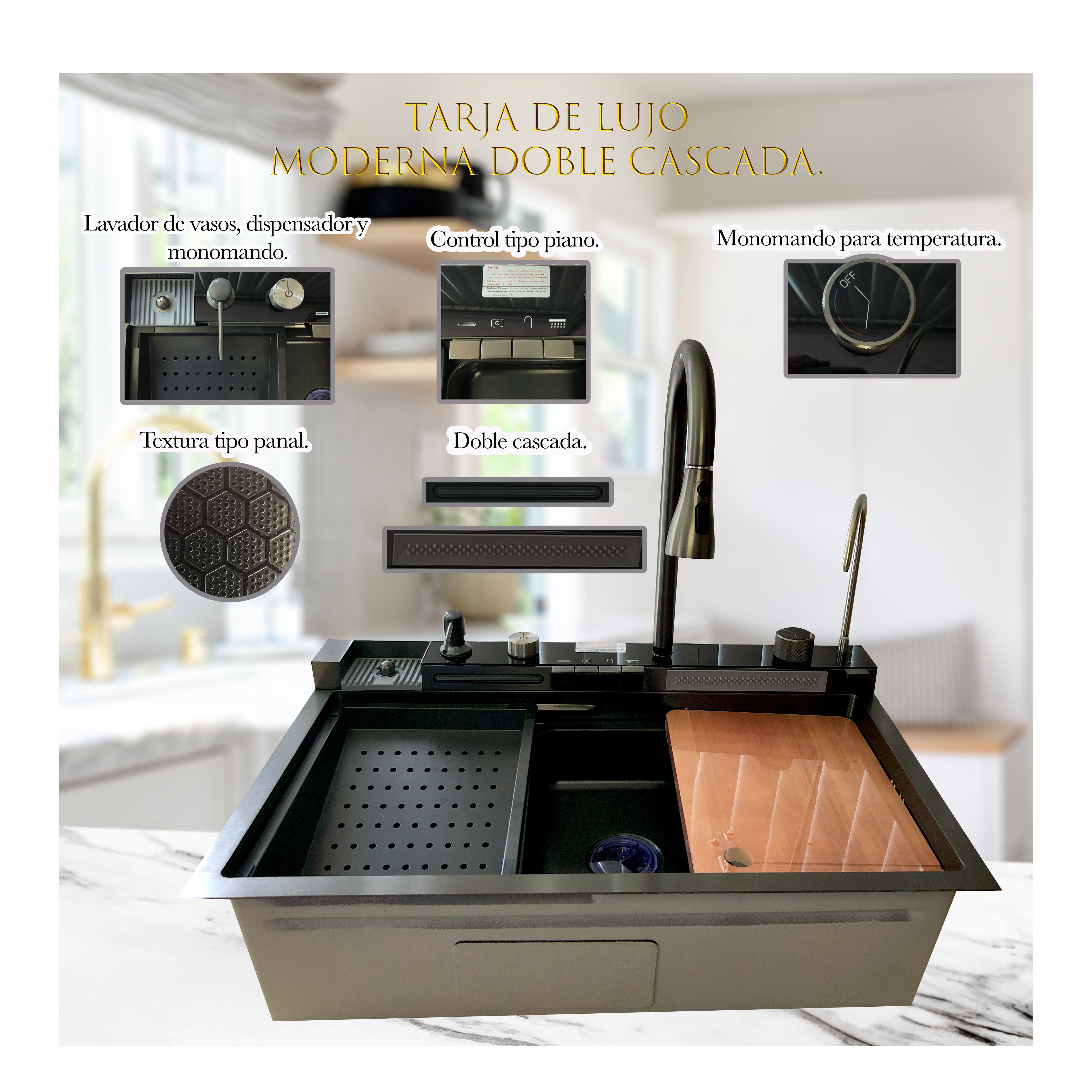 Foto 3 pulgar | Tarja Para Cocina Doble Cascade Con Led Homely Elegance De Acero Inoxidable