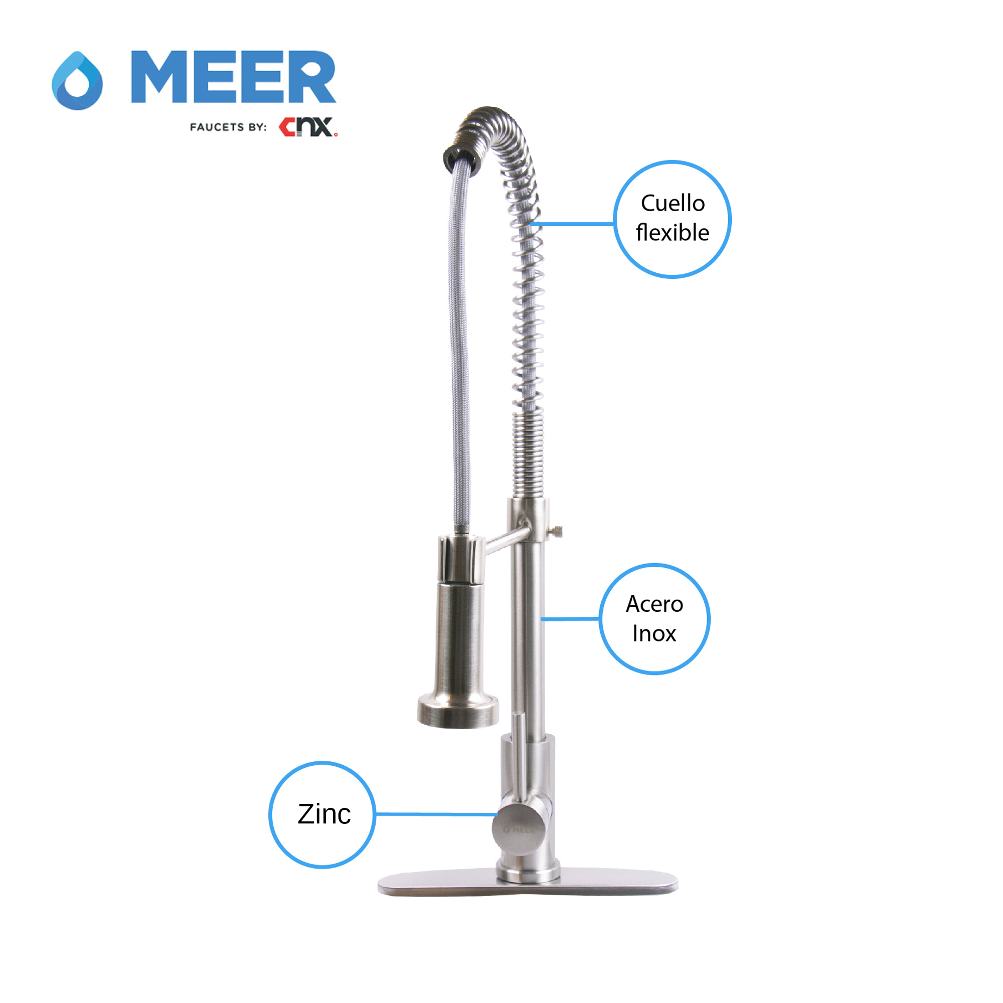 Foto 5 | Meer Faucets By Cnx | Tarja De Acero Inoxidable + Mezcladora De Cuello Flexible Cromada En Acero Inoxidable, Incl