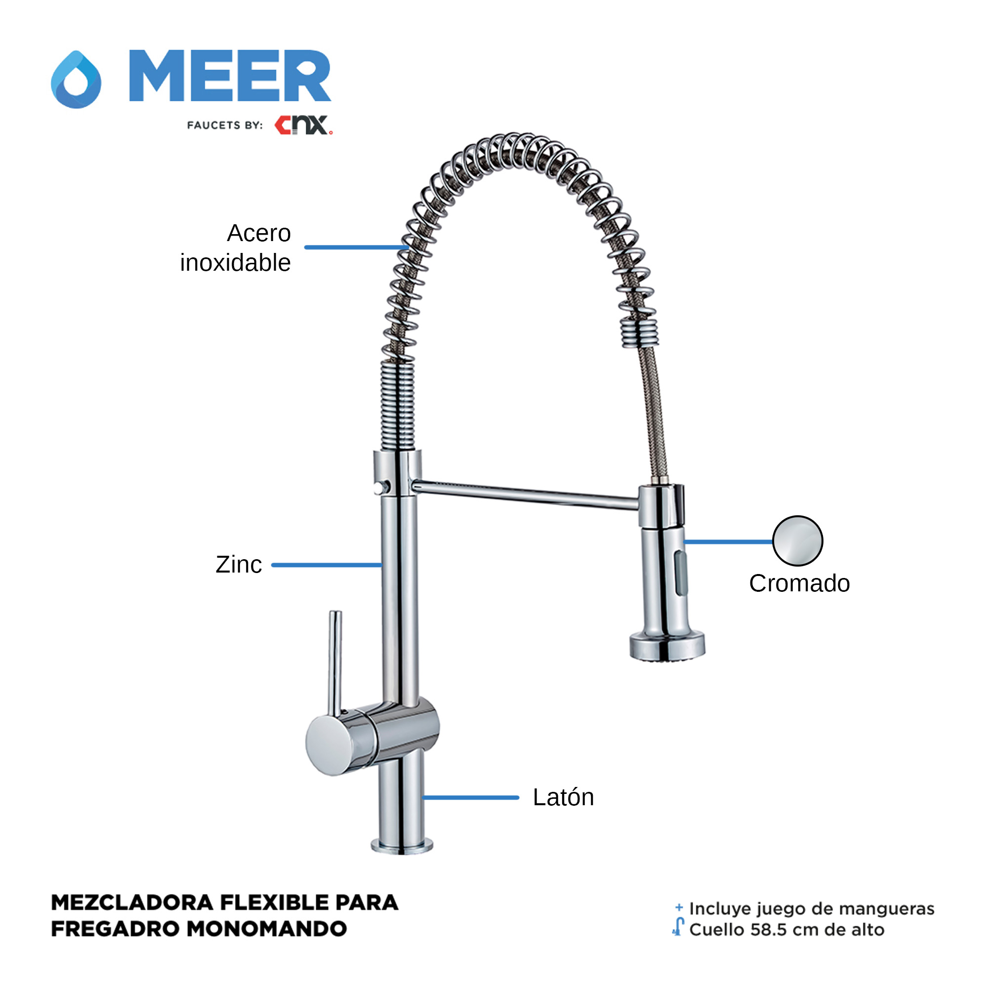 Foto 5 pulgar | Meer Faucets By Cnx | Tarja De Acero Inoxidable + Mezcladora De Cuello Flexible Cromada En Acero Inoxidable, Incl